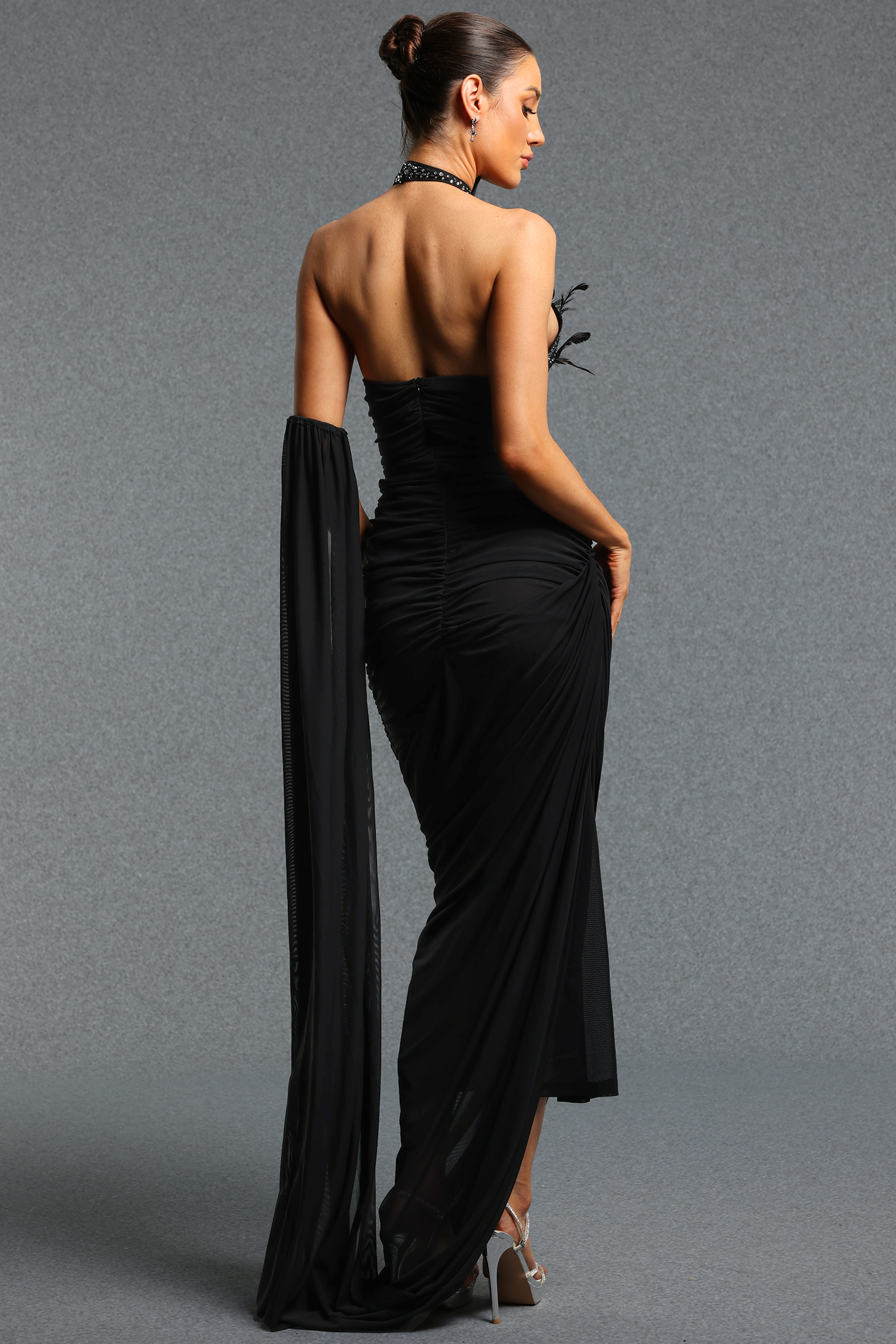 Lliana Classic Halter Sleeveless Feather Rhinestone Pleated Maxi Dress