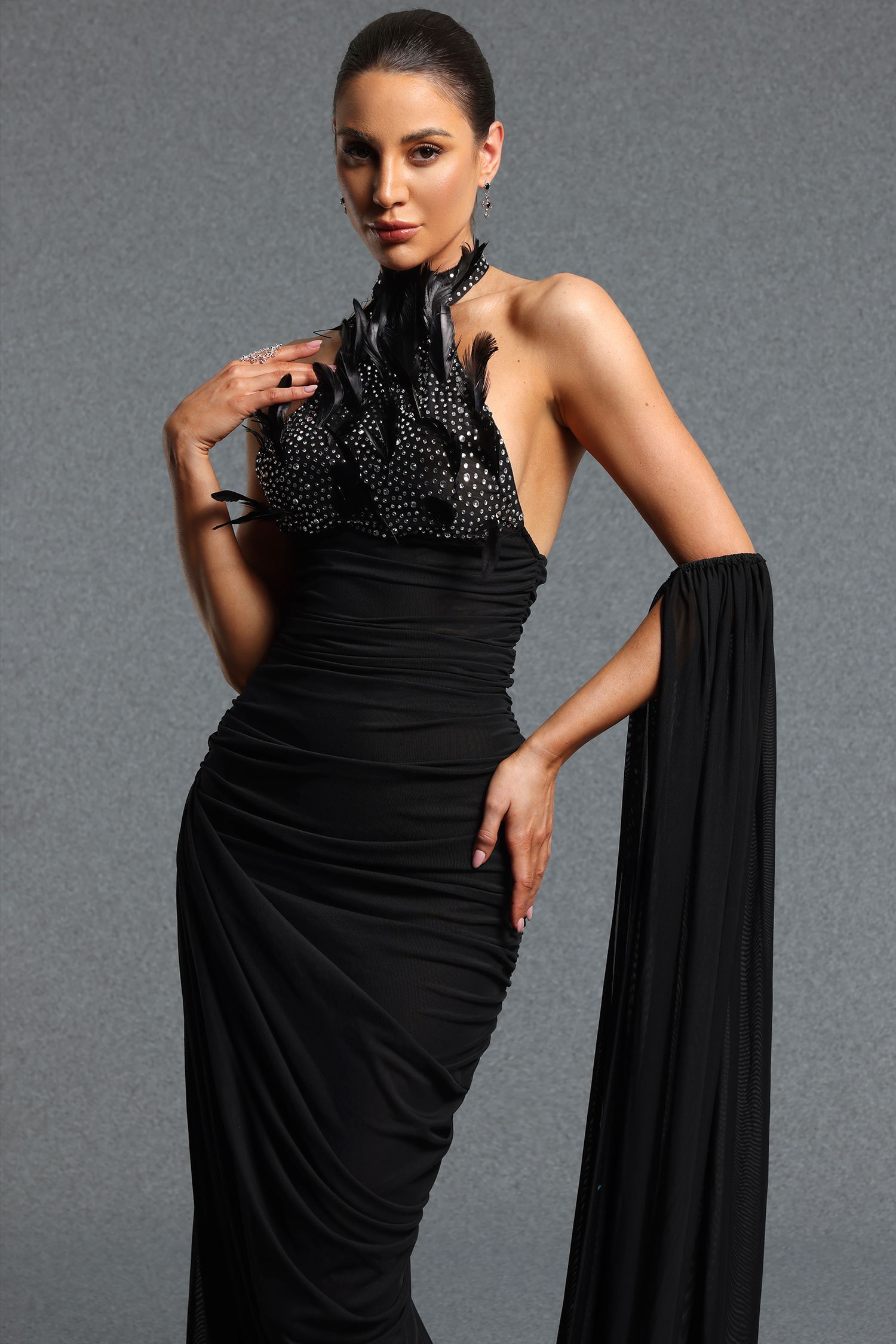 Lliana Classic Halter Sleeveless Feather Rhinestone Pleated Maxi Dress