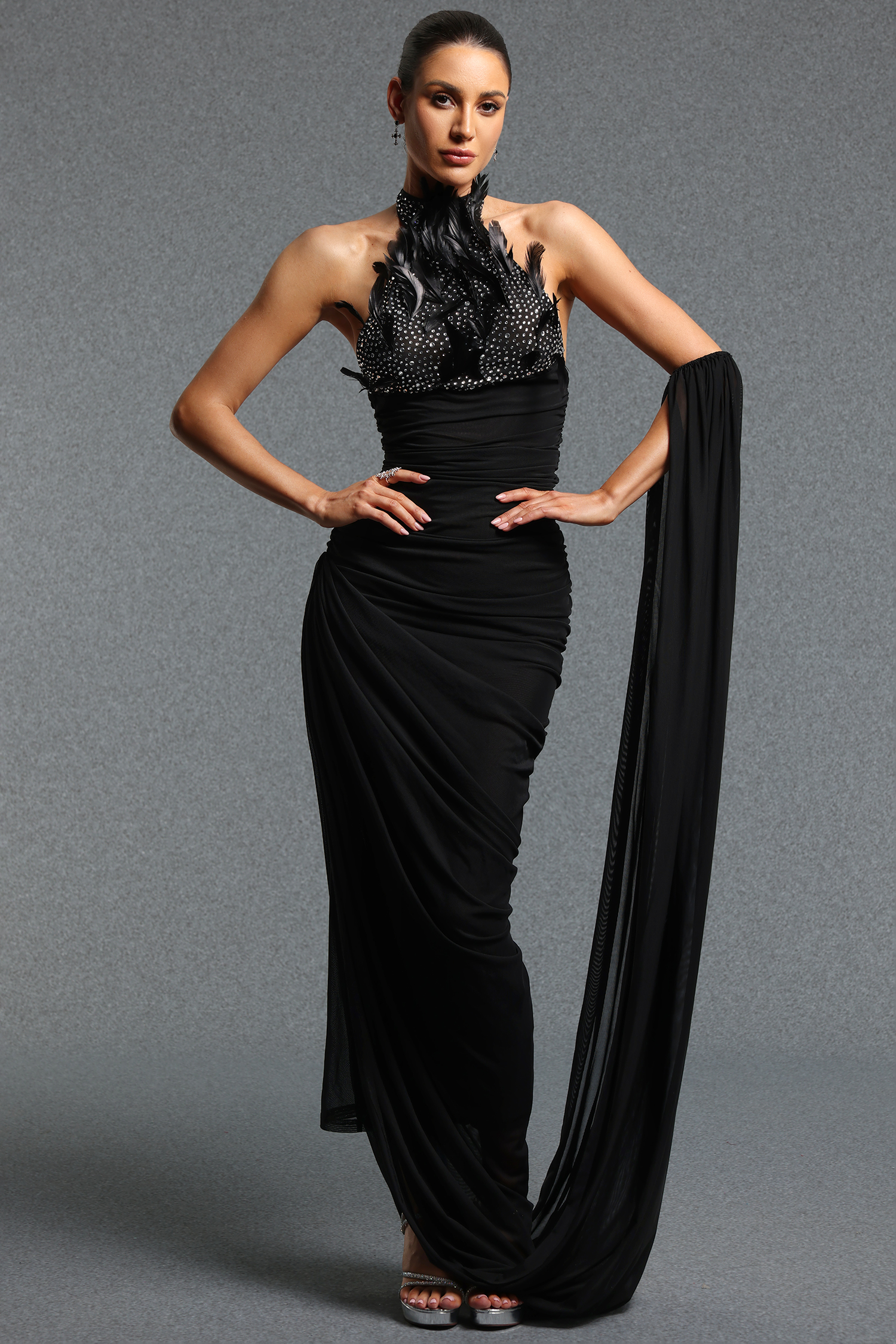 Lliana Classic Halter Sleeveless Feather Rhinestone Pleated Maxi Dress