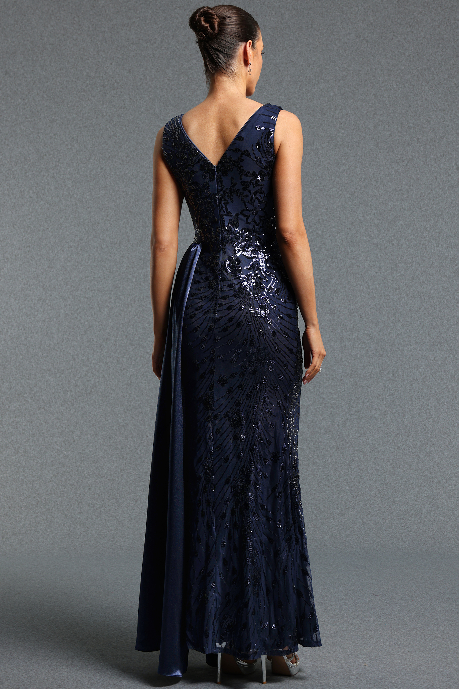 Milo Classic Contour V Neck Sleeveless Sequin Ruched Sash Blue Maxi Dress