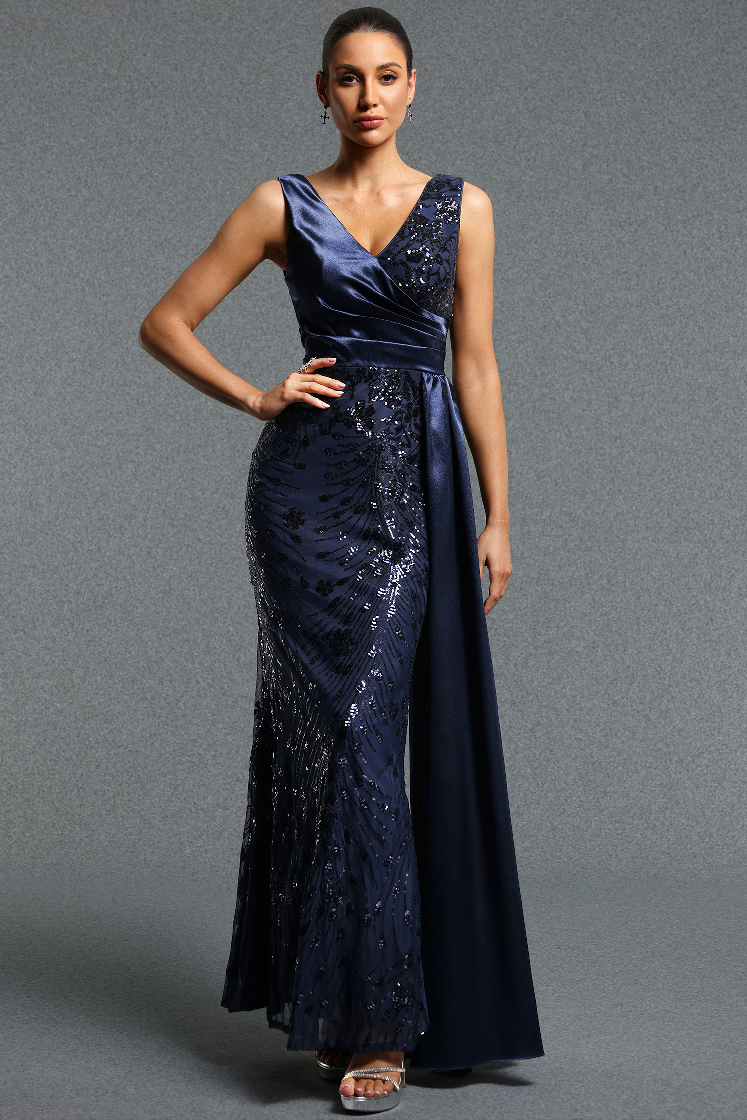 Milo Classic Contour V Neck Sleeveless Sequin Ruched Sash Blue Maxi Dress