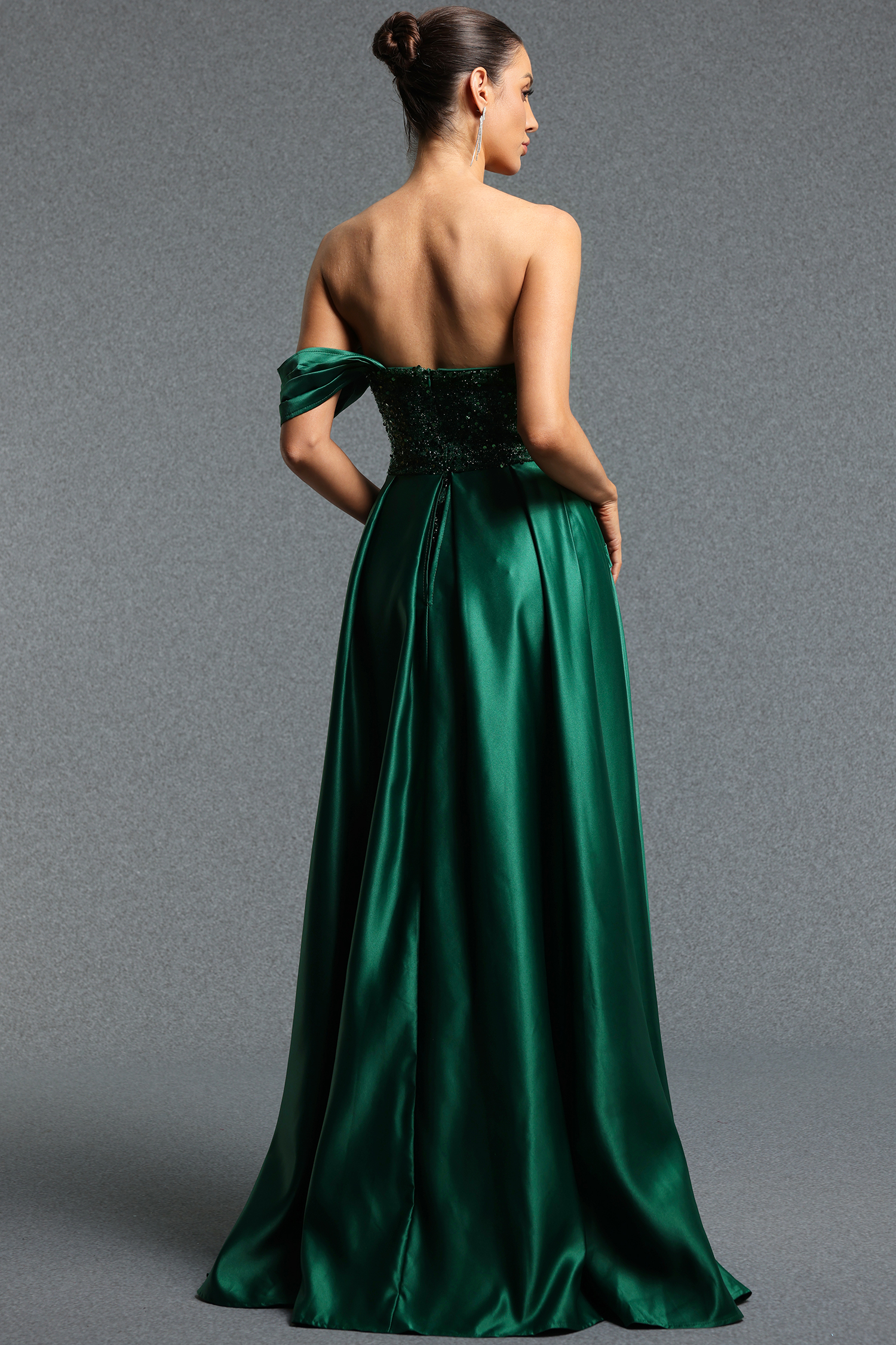 Ivanna Elegant Strapless Satin High Slit Long Train Maxi Dress