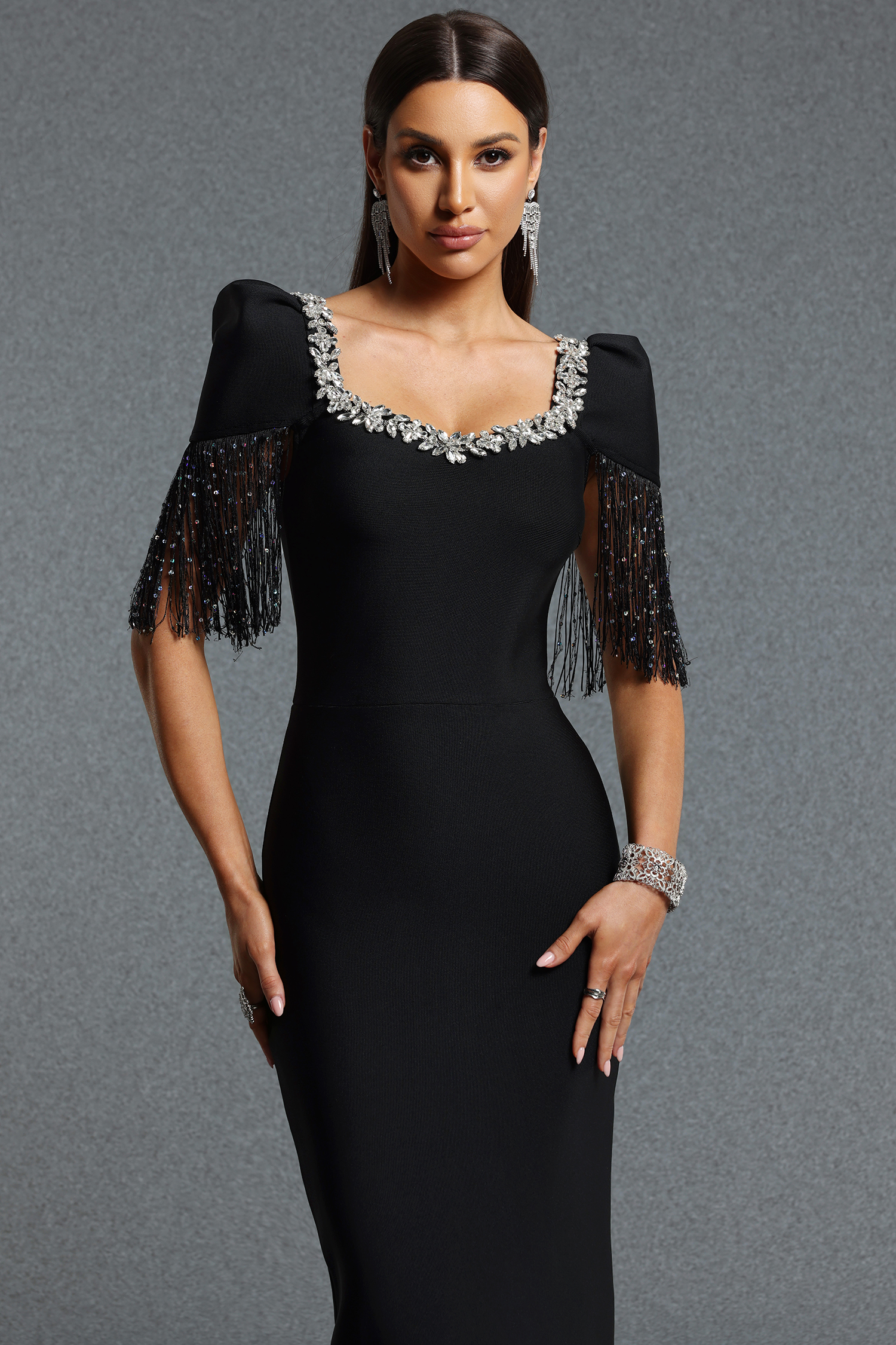 Rilia Elegant Contour Square Neck Rhinestone Tassel Bandage Maxi Dress