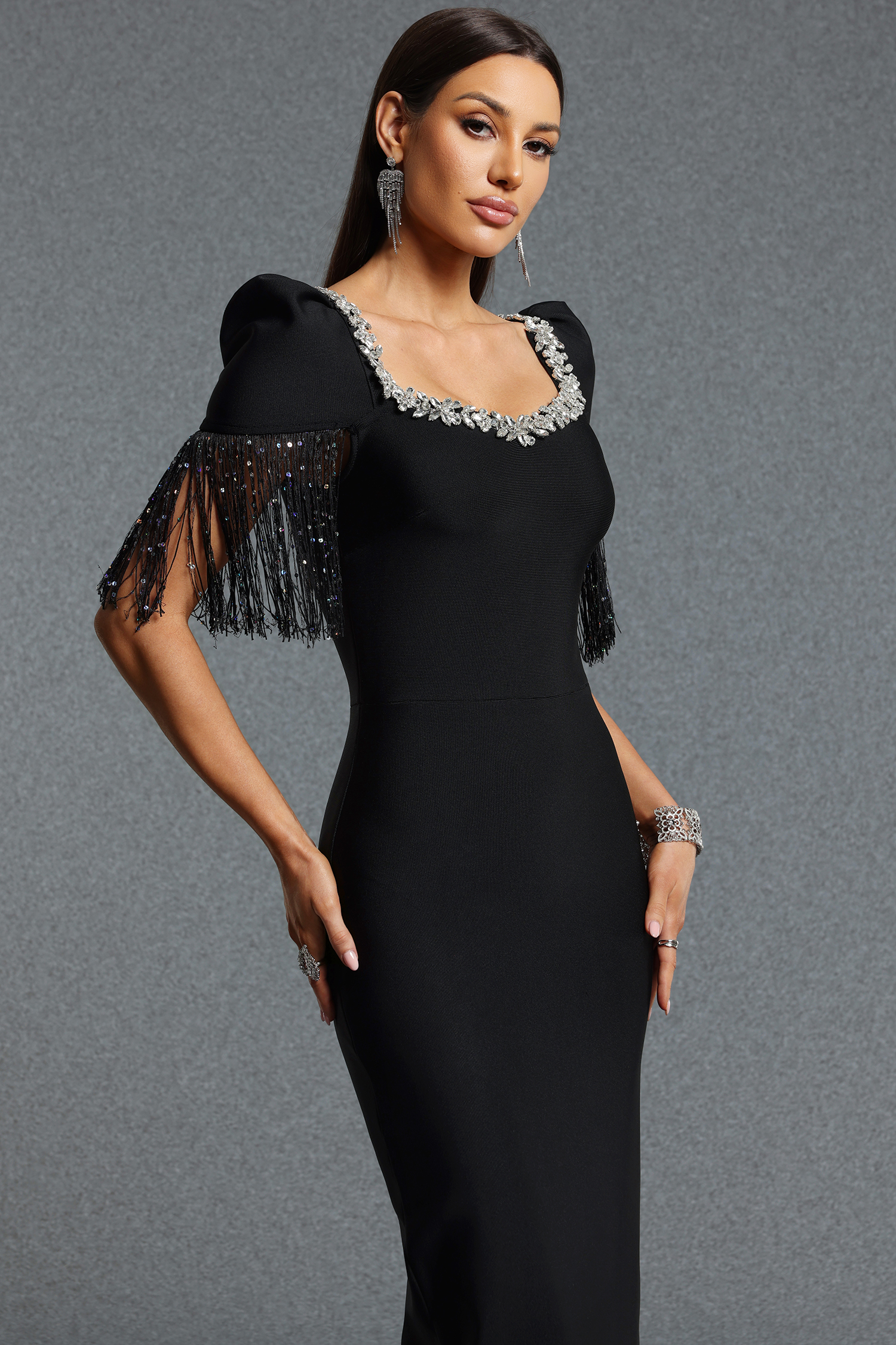 Rilia Elegant Contour Square Neck Rhinestone Tassel Bandage Maxi Dress