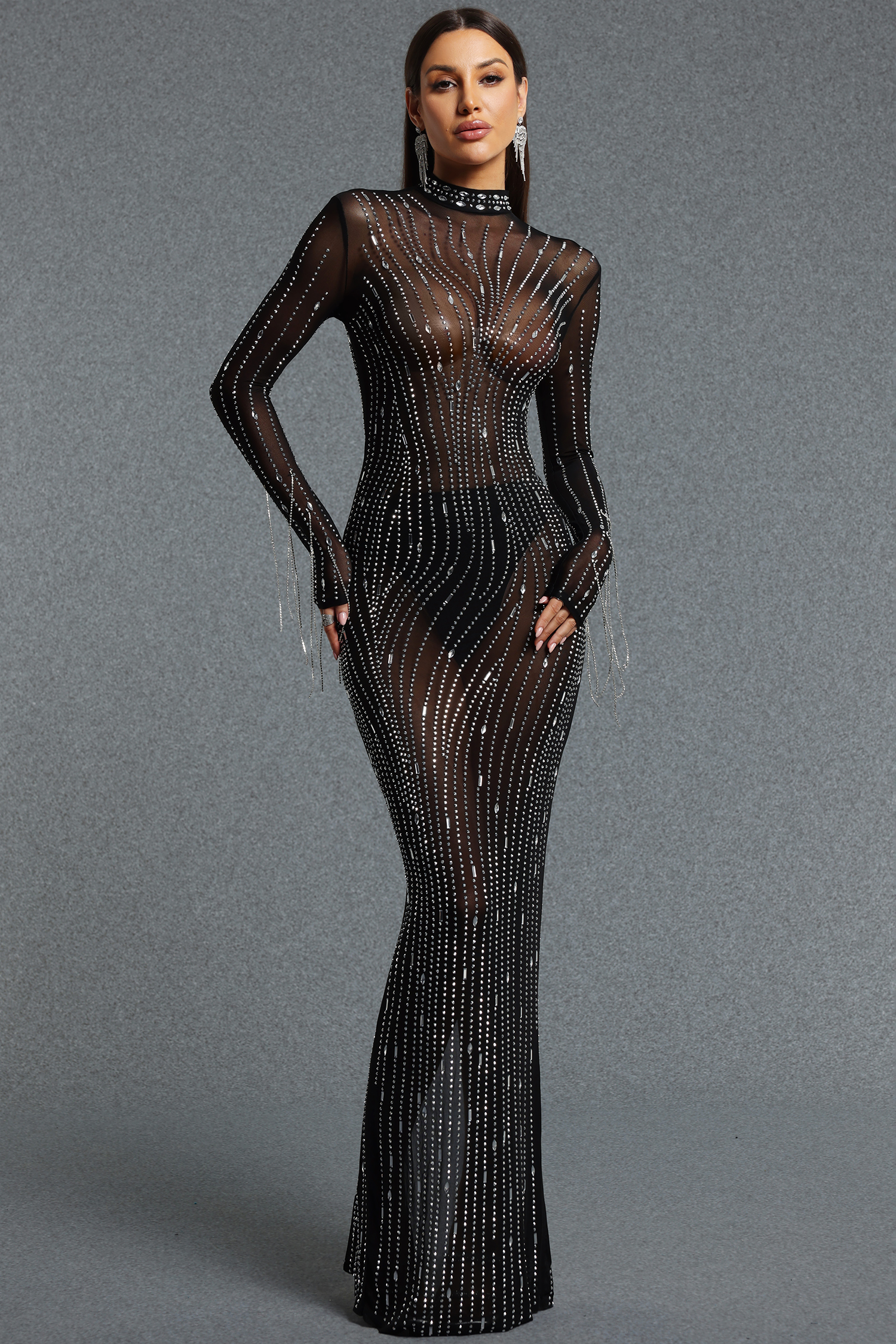 Omi Sexy Contour Long Sleeve Rhinestone Tassel Sheer Mesh Woven Maxi Dress