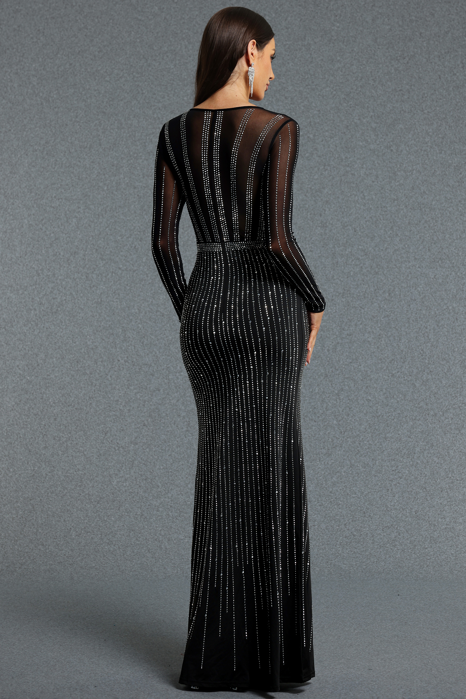 Shaylah Sexy Contour Long Sleeve High Slit Rhinestone Sheer Mesh Maxi Dress