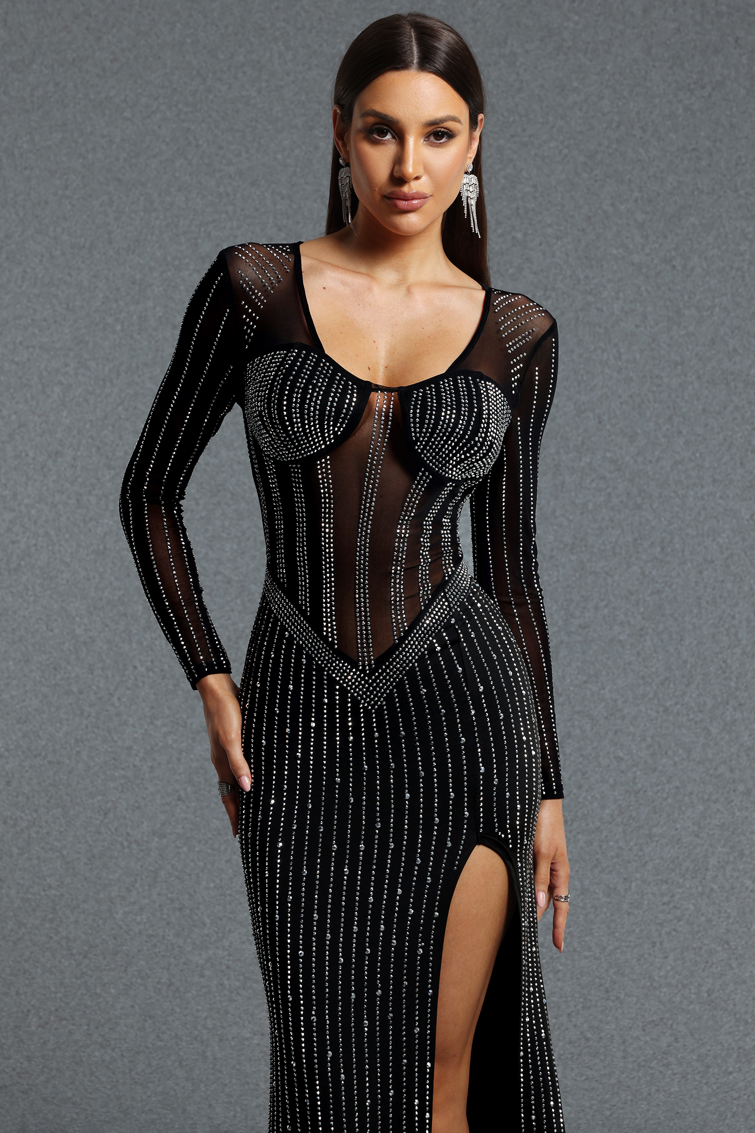 Shaylah Sexy Contour Long Sleeve High Slit Rhinestone Sheer Mesh Maxi Dress