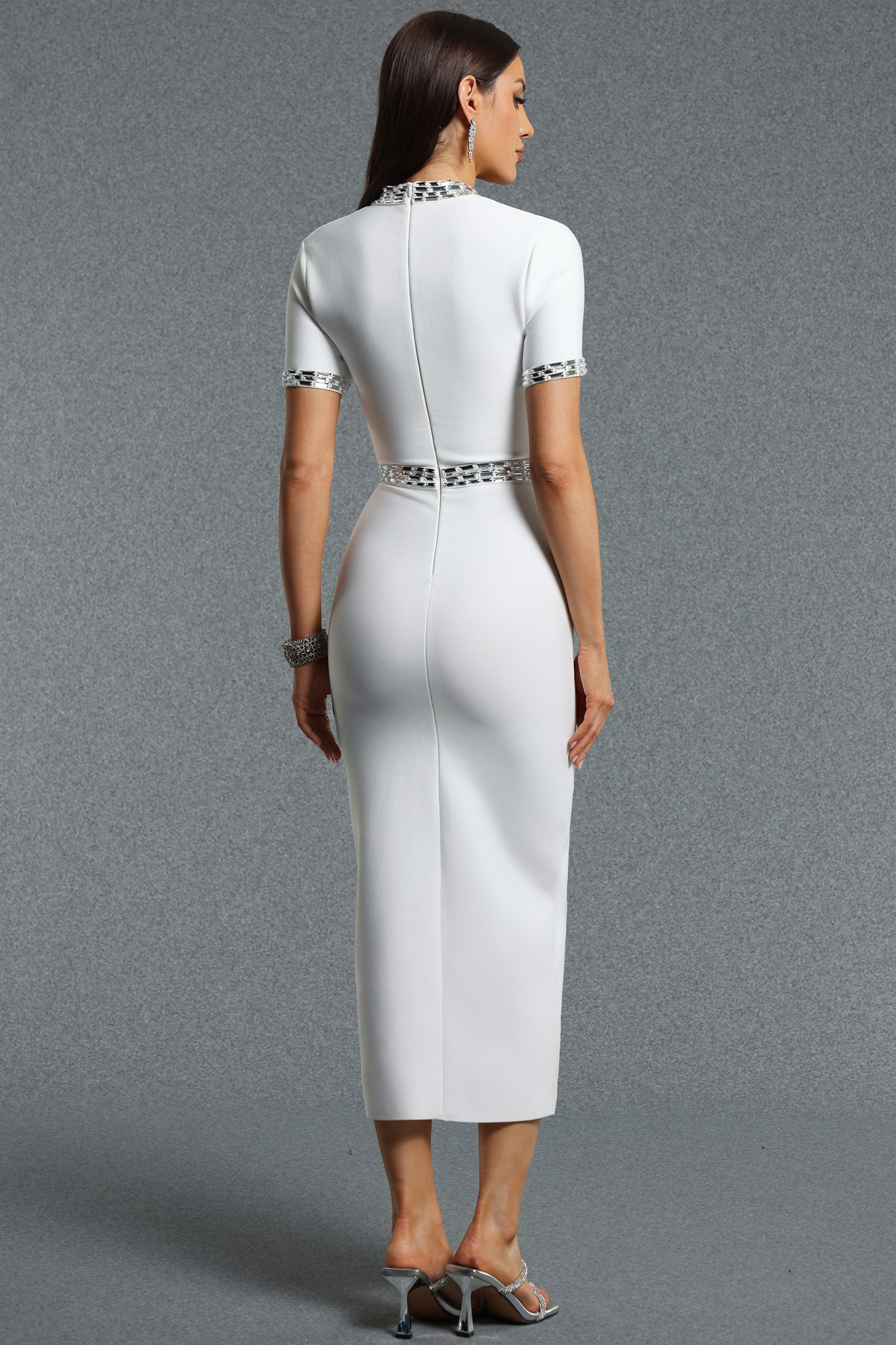 Elosie Classic Short Sleeve Rhinestone Slit White Bandage Midi Dress