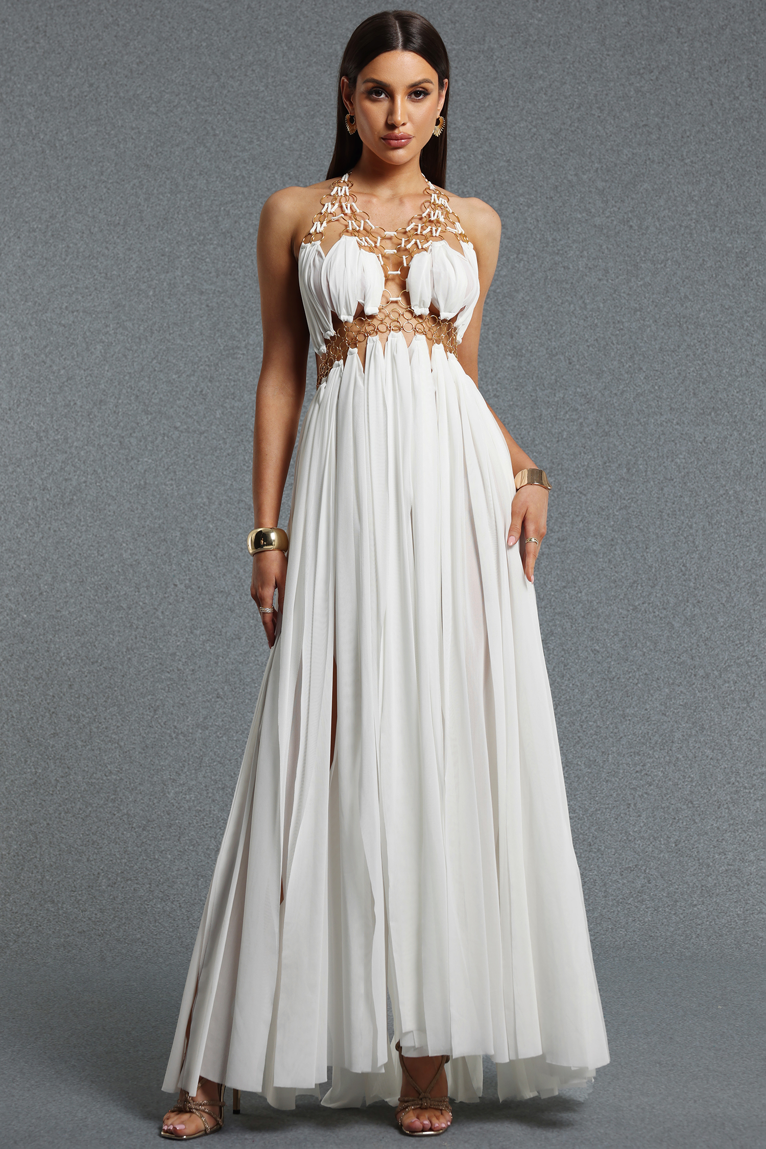Fallon Sophisticated Cinched Waist Backless Halter Ring Metal Embellished White Woven Maxi Dress