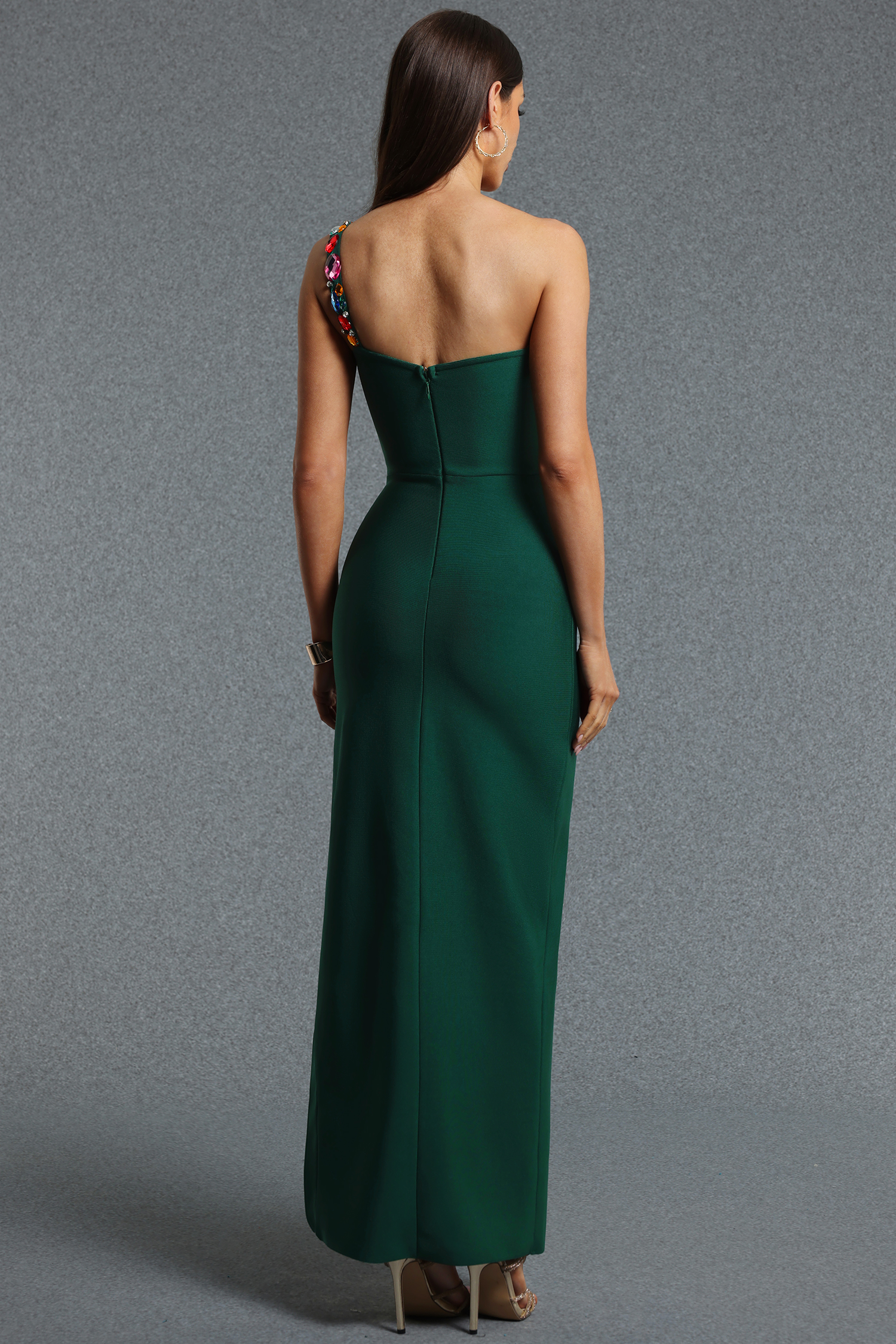 Gacia Elegant Fitted One Shoulder Color Rhinestone Slit Green Maxi Bandage Dress