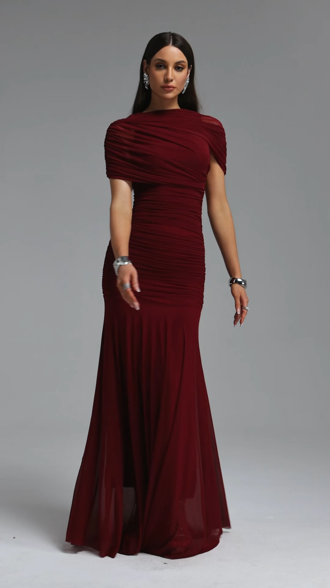 Tiza Elegant Sophisticated Draped Ruched Knitted Maxi Dress