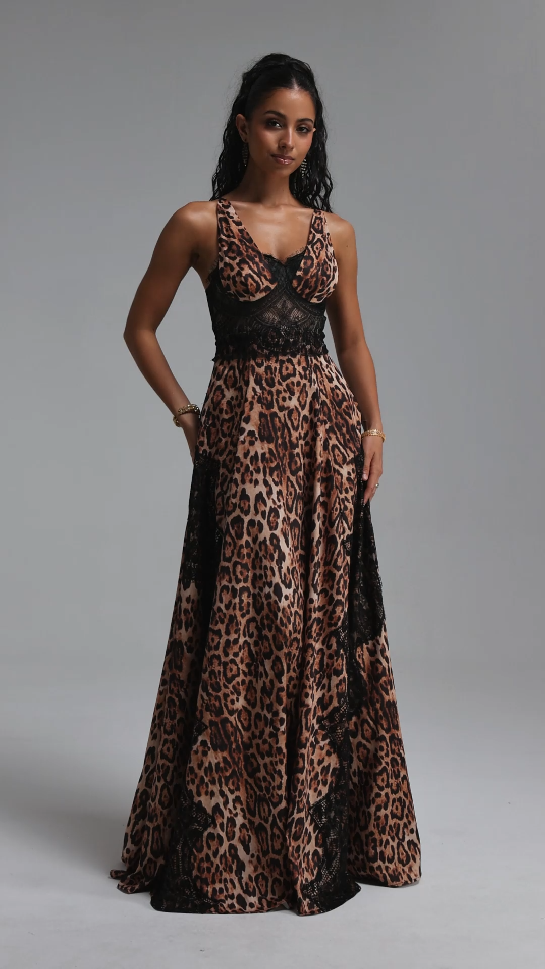 Salo Sophisticated Cinched Waist Lace Leopard Print Woven Maxi Dress