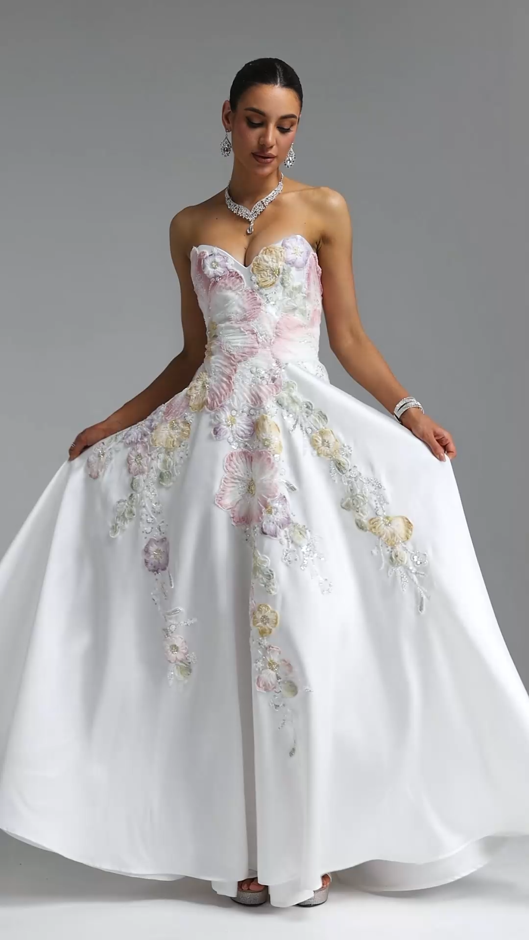 Riala Elegant Waist-Cinching Heart Strapless Colorful Floral Embroidery Satin Full Skirt Maxi Evening Dress