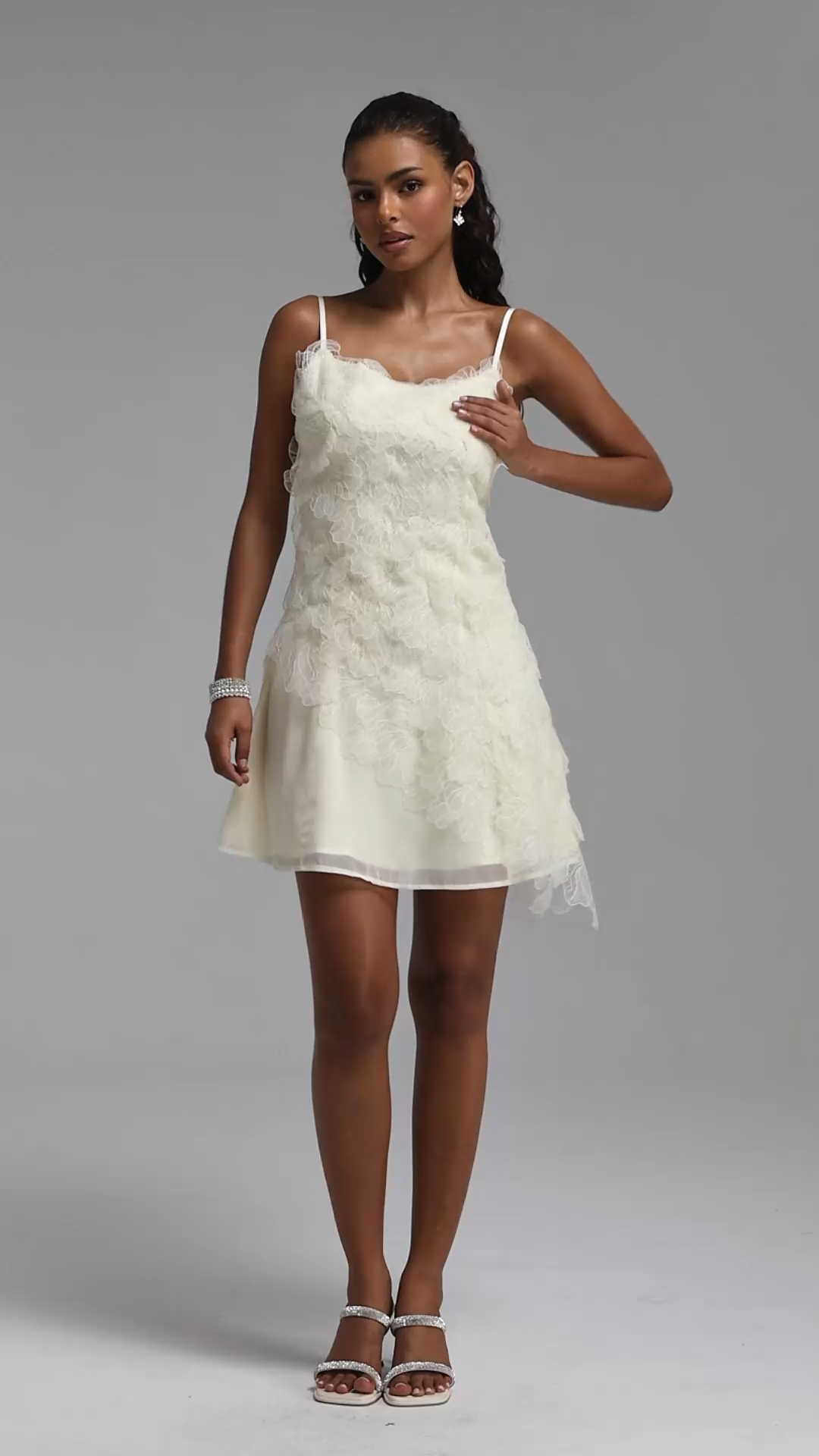Vilina Romantic Tailored Spaghetti Strap Floral Woven Mini Dress