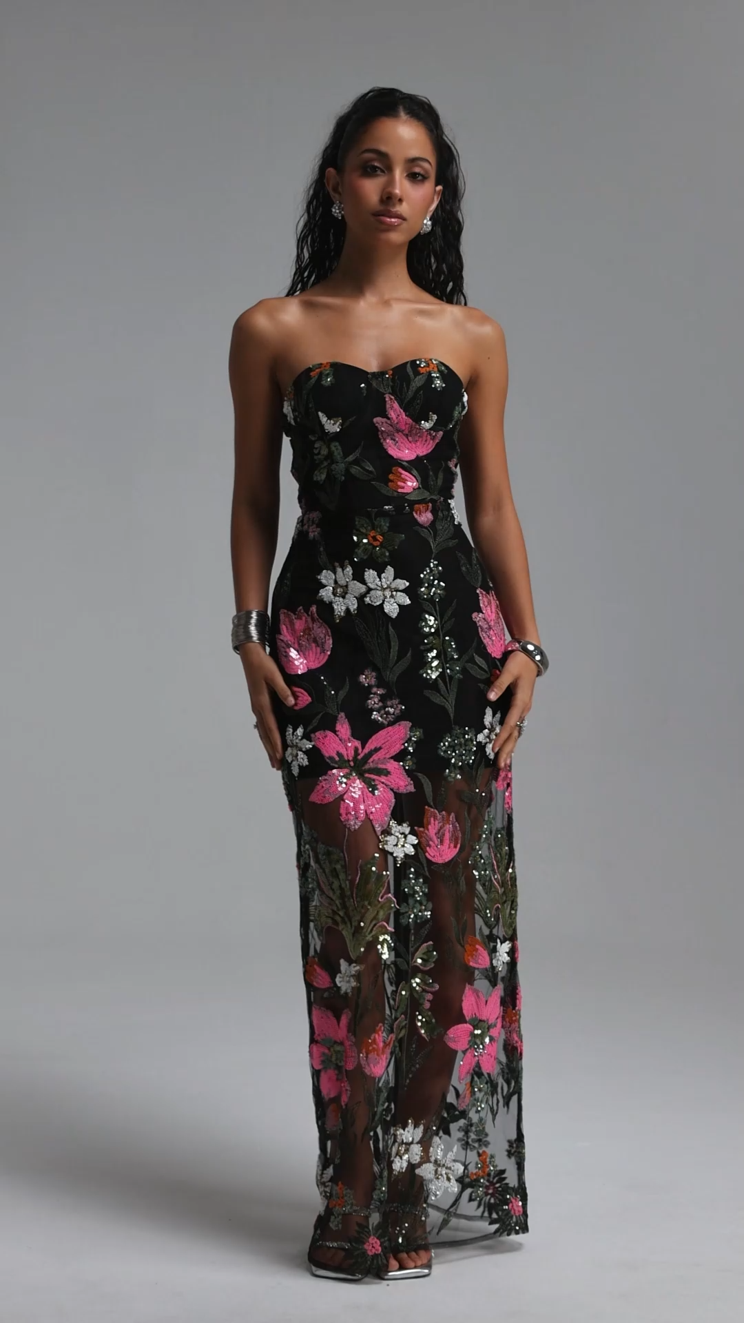 Sue Elegant Contour Strapless Sequin Embroidered Tulle Maxi Dress