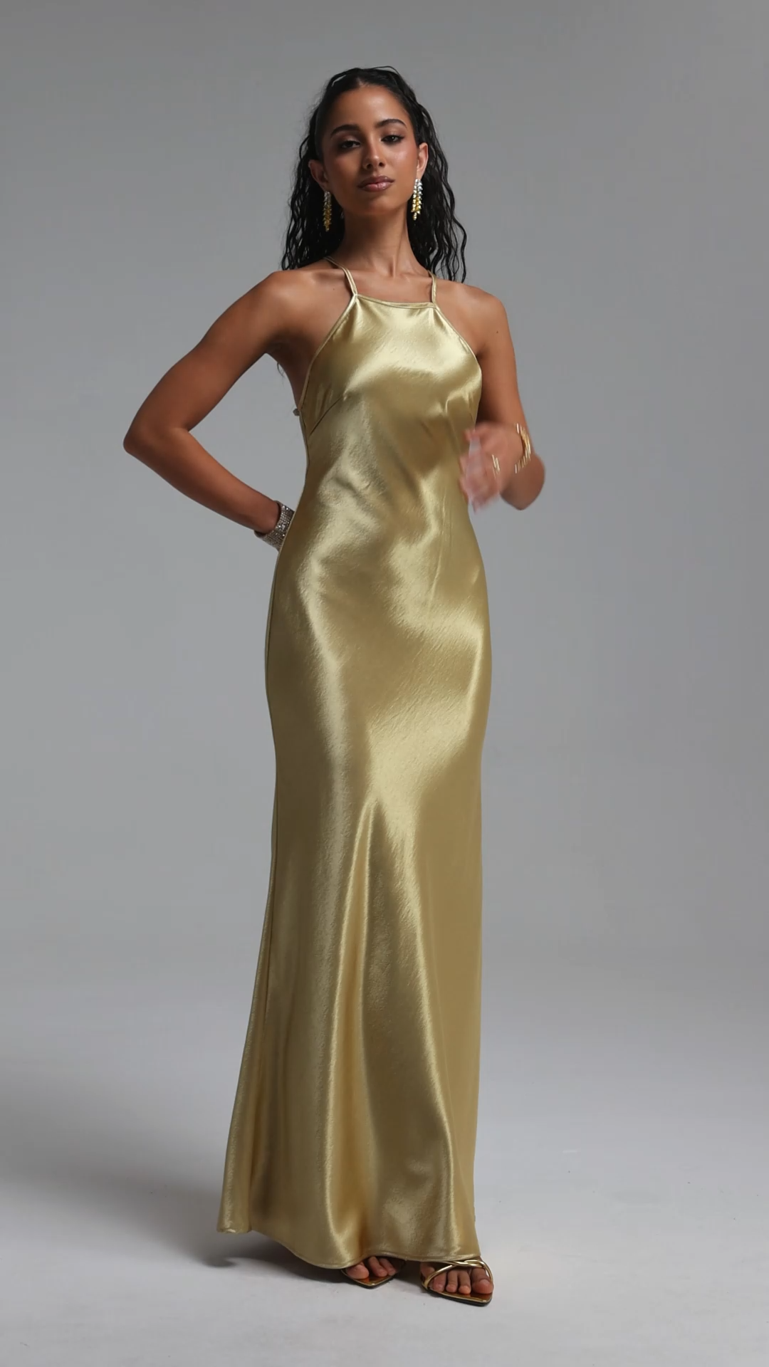Letitia Elegant Luxe Contour Open Back Diamond Grid Rhinestone Satin Maxi Dress