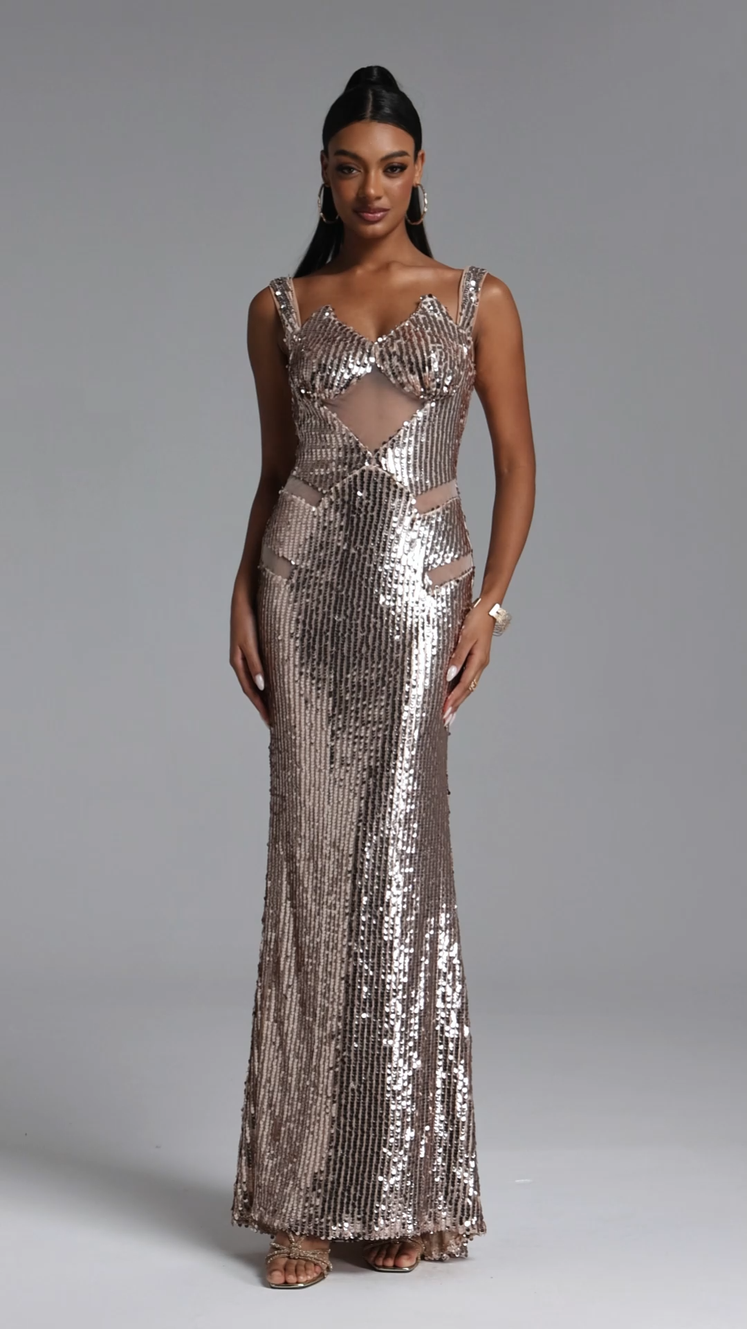 Willi Glamorous Contour V Neck Cut Out Sequin Maxi Dress