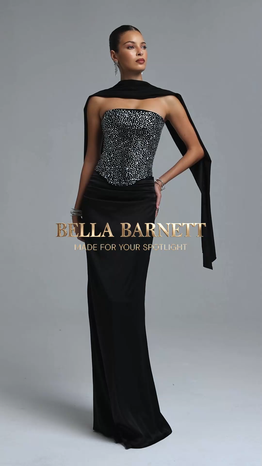 Encho Elegant Contour Strapless Rhinestone Sash Satin Top and Skirt Set