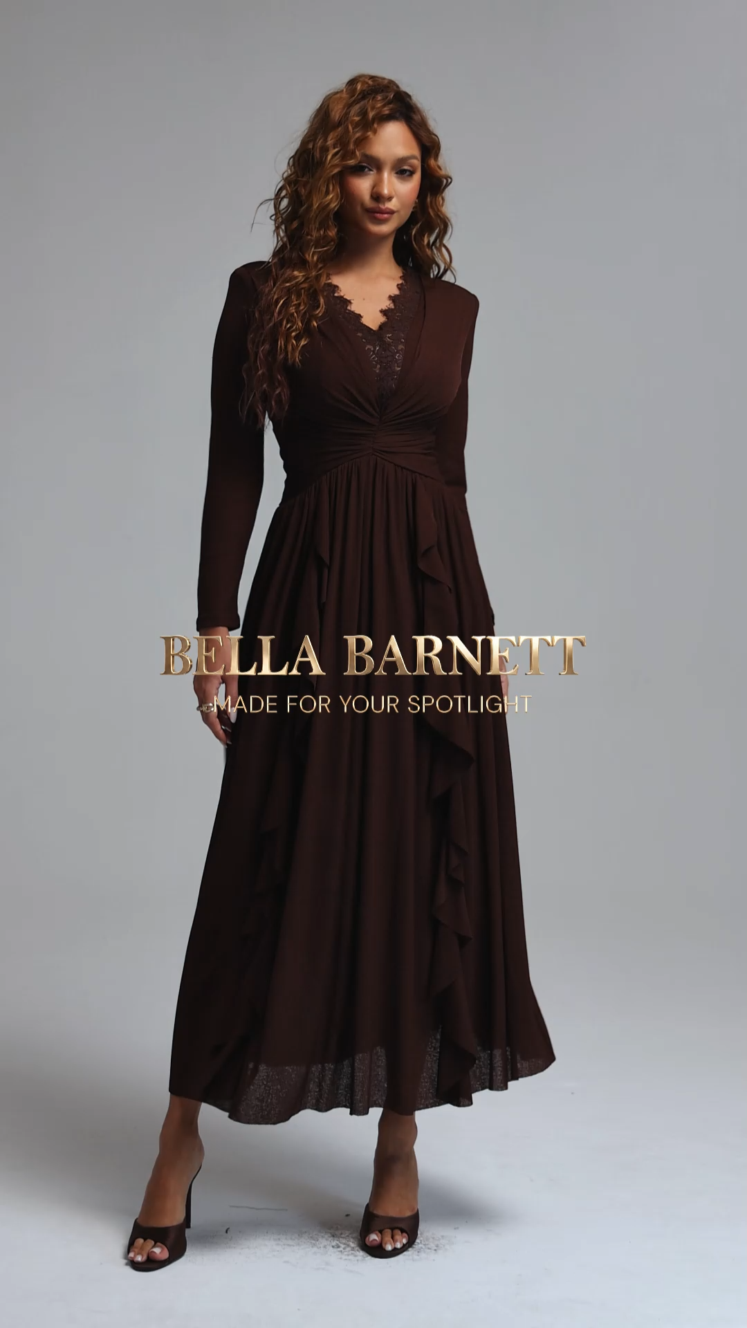 Vole Romantic Flowy Lace Spliced V-Neck Long Sleeve Ruffle Chiffon Maxi Dress