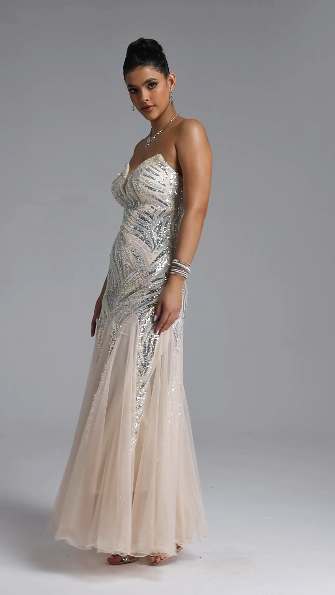 Sally Glamorous Contour Strapless Sequin Beige Maxi Dress