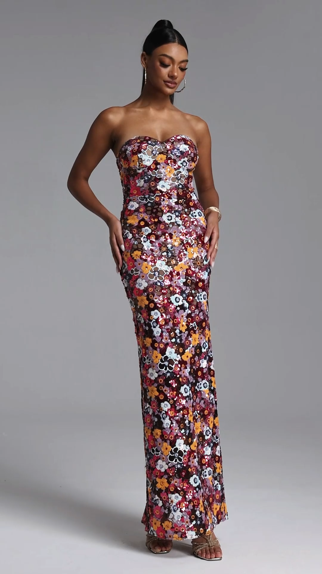 Livia Chic Contour Strapless Sequin Floral Maxi Dress