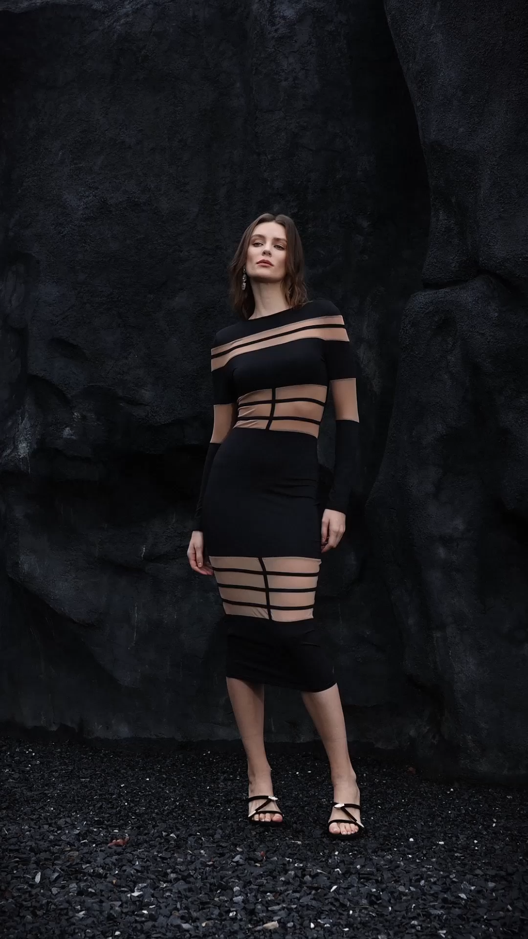 Xynia Long Sleeves Netting Bandage Midi Dress