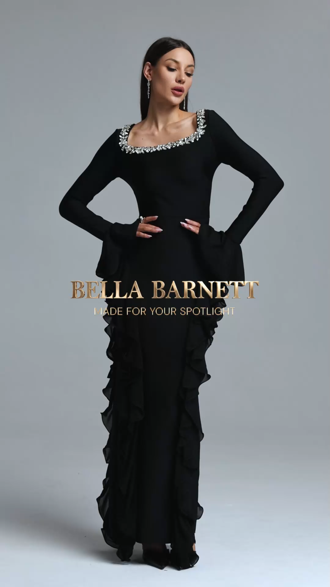 Mavis Elegant Luxurious Square Neck Long Sleeve Rhinestone Embellished Ruffle Bandage Maxi Dress