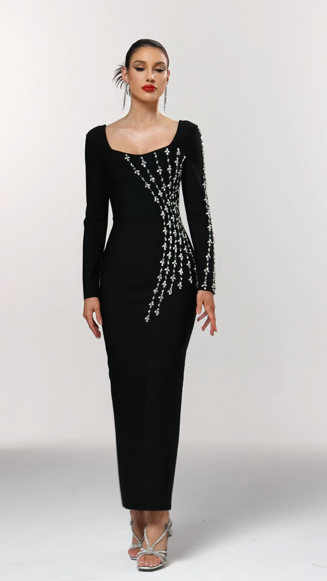 Joie Elegant Contour Long Sleeve Rhinestone Bandage Maxi Dress