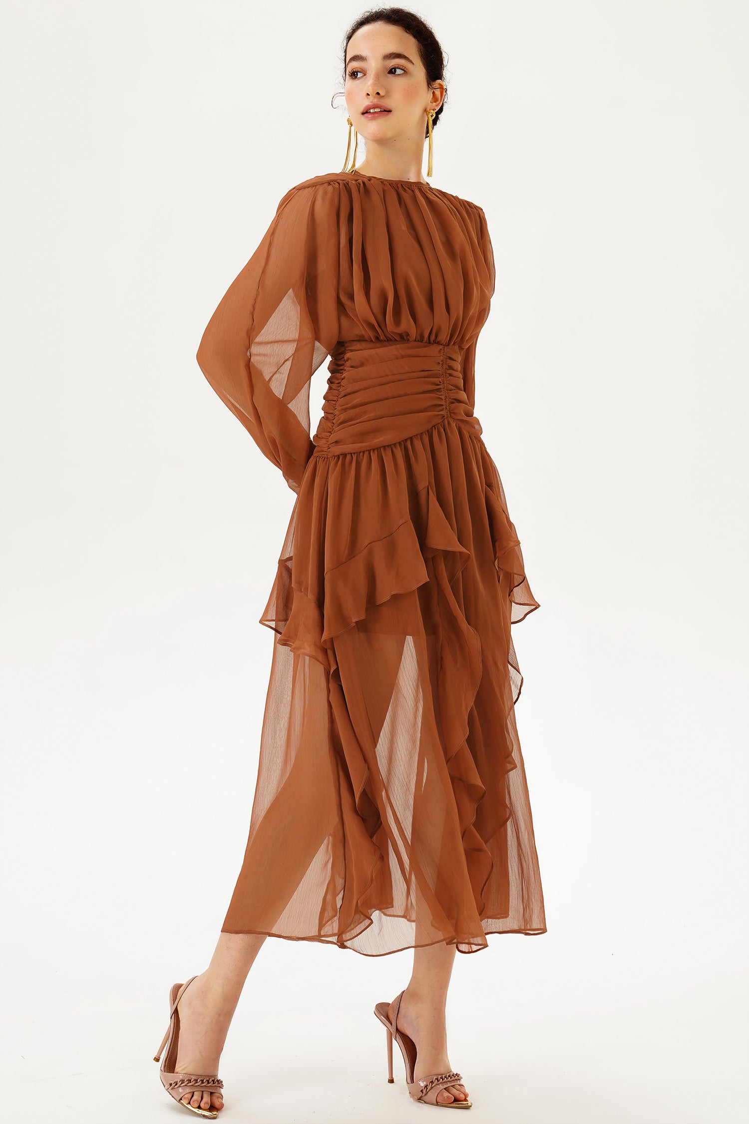 Tiered Ruffle Hem Puff Long Sleeve Asymmetric Hem Maxi Dress Brown