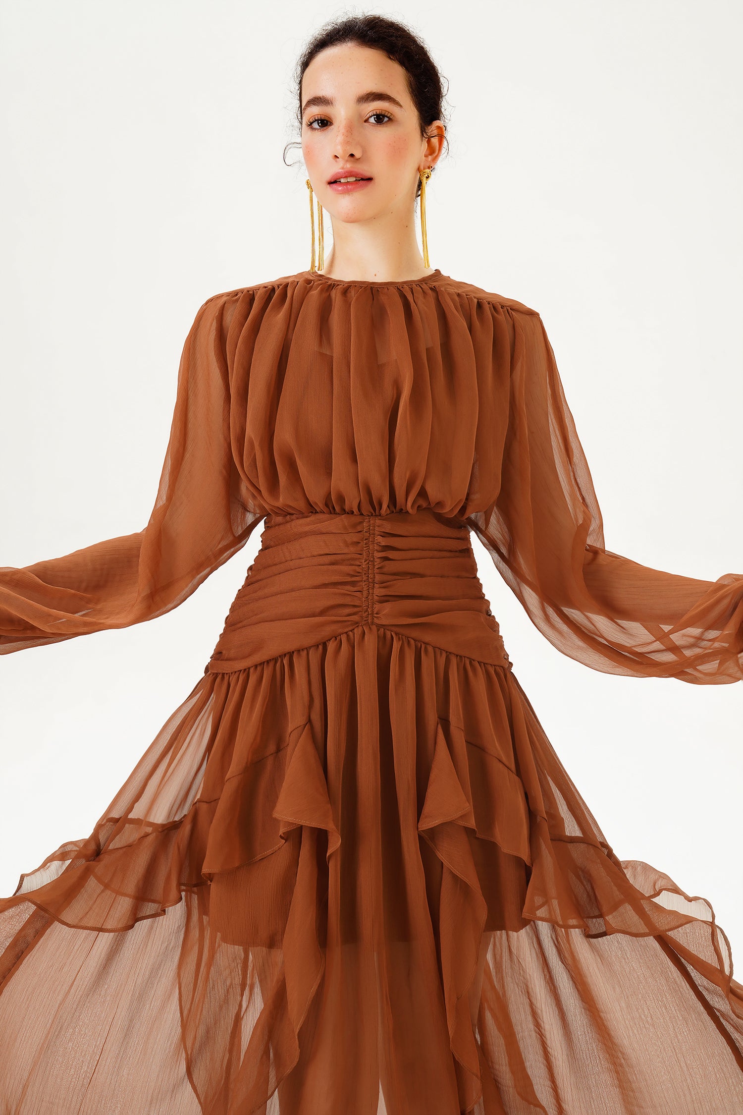 Tiered Ruffle Hem Puff Long Sleeve Asymmetric Hem Maxi Dress Brown