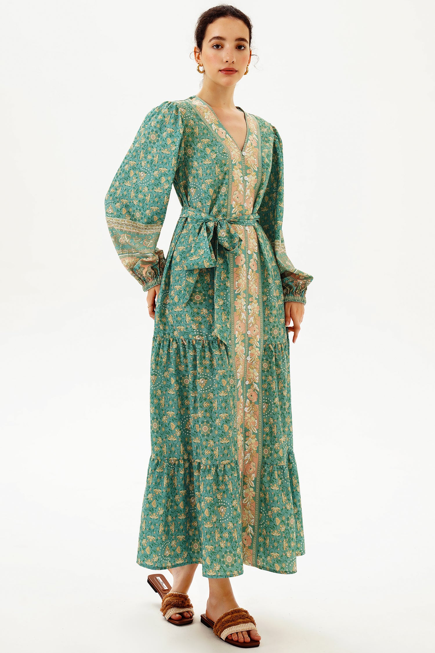 Floral Puff Long Sleeve V-Neck Drapped Maxi Dress