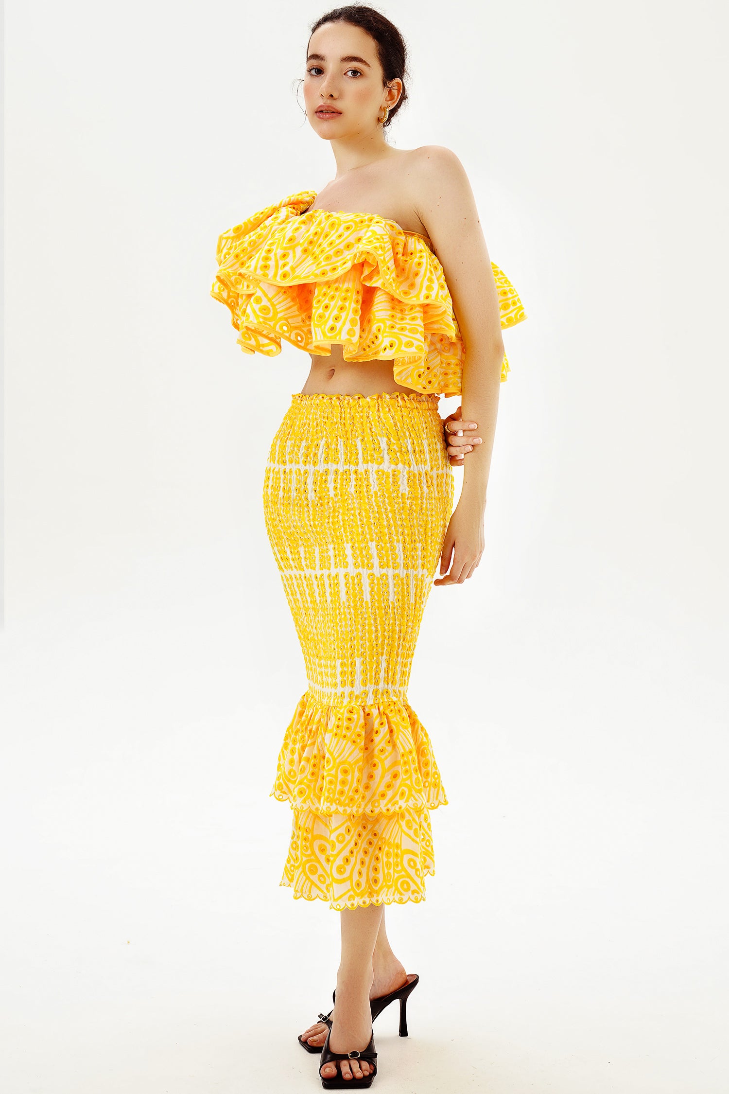 Lace One-Shoulder Tiered Ruffle Hem Fishtail Dress Two-piece Set