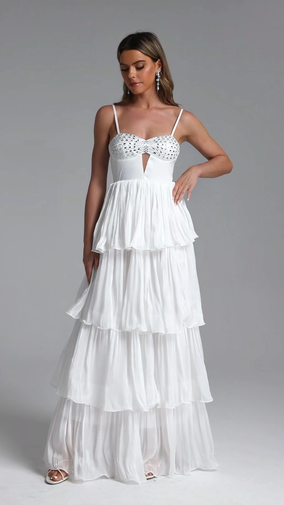 Slaia Elegant Flowy Cut Out Rhinestone Tiered Ruffle Maxi Dress
