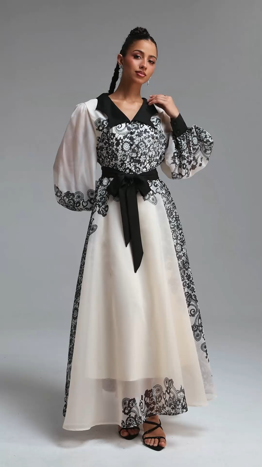 Nylah Elegant Flowy Long Sleeve Floral Print Organza Maxi Dress