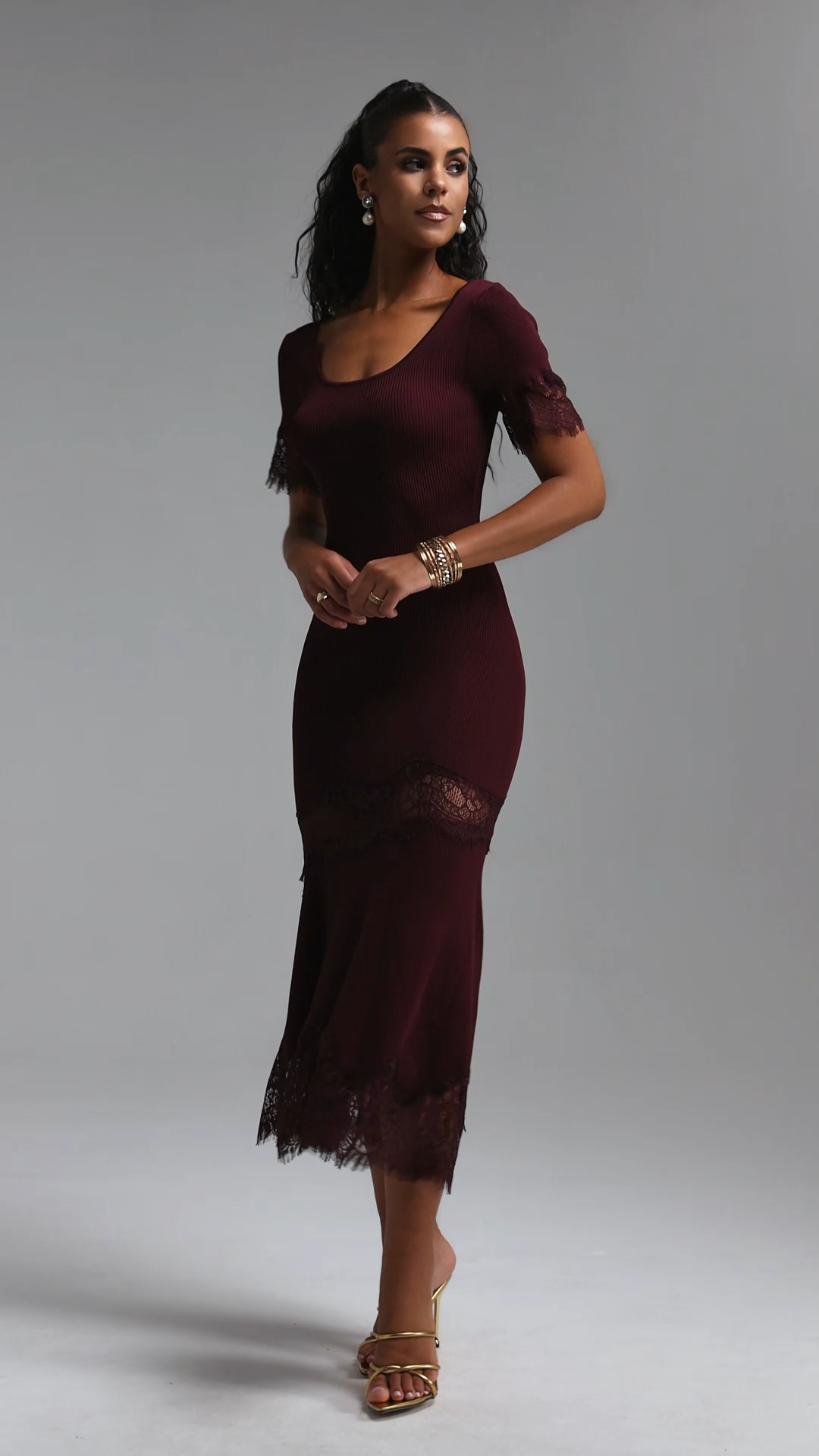 Lexi Vintage Romantic U Neck Lace Panel Knit Maxi Dress