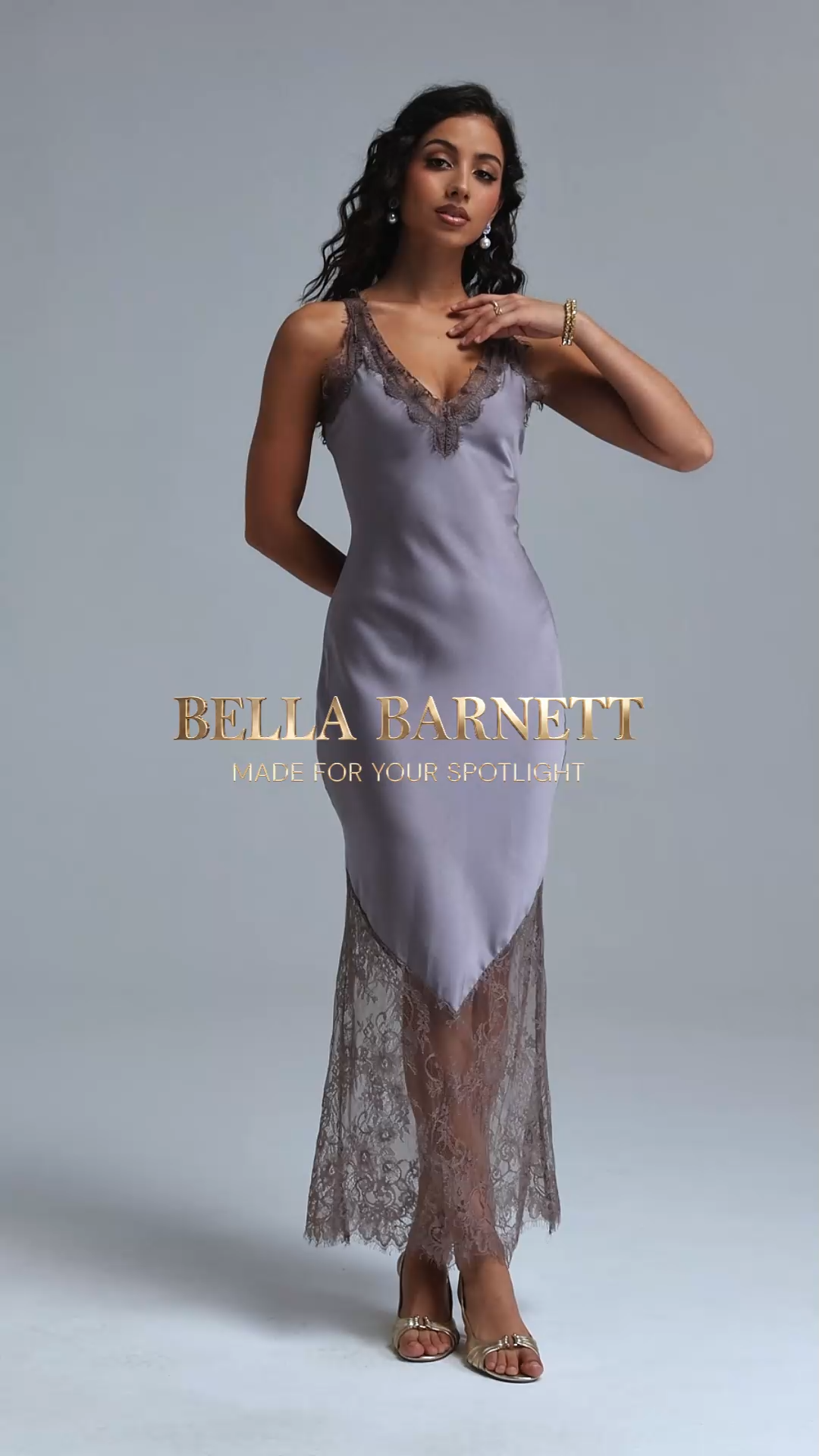 Dasaka Sexy Contour V Neck Lace Trimmed Satin Midi Dress
