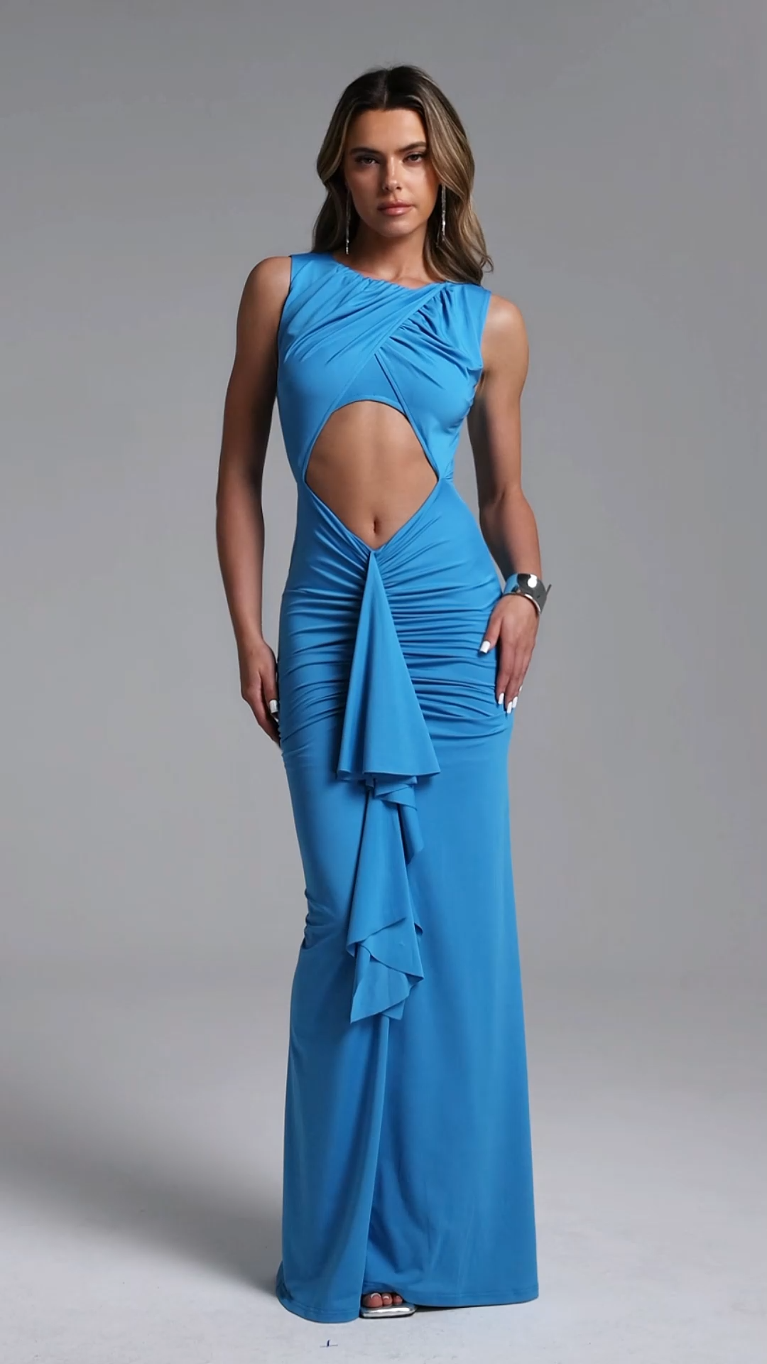 Deliyn Chic Contour Sleeveless Cut Out Ruched Knit Maxi Dress