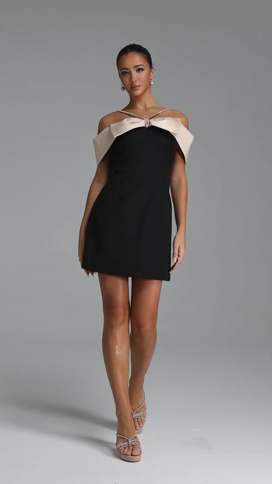 Zore Elegant Tailored Off Shoulder Rhinestone Bow Woven Mini Dress