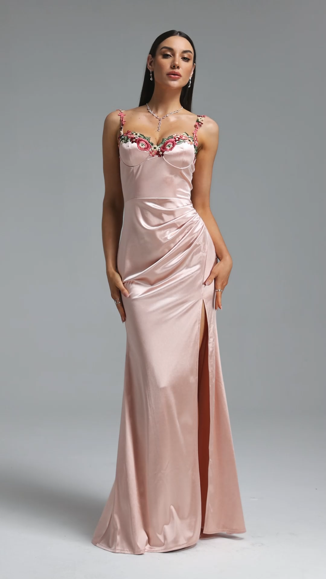 Wynn Romantic Contour Pleated Floral Satin Maxi Dress