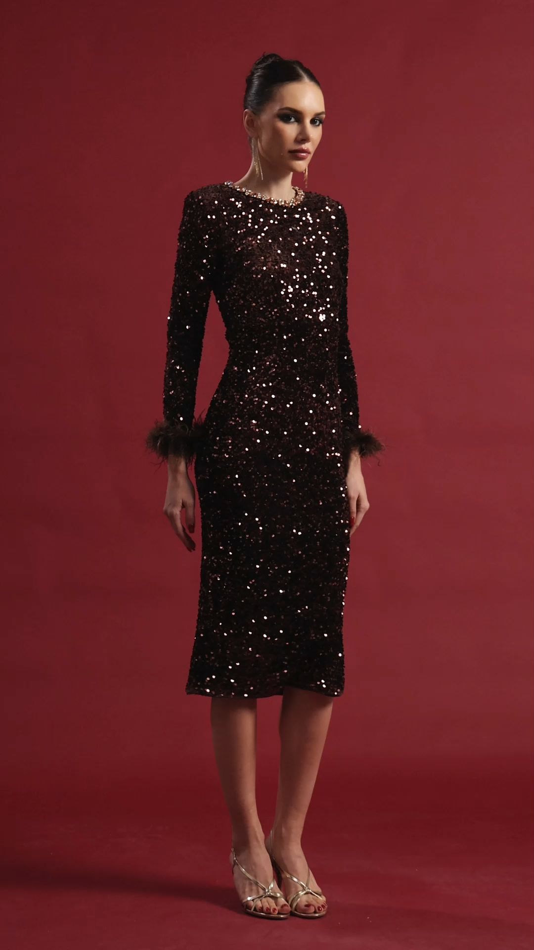 Kalene Glamorous Contour Long Sleeve Sequin Rhinestone Brown Midi Dress