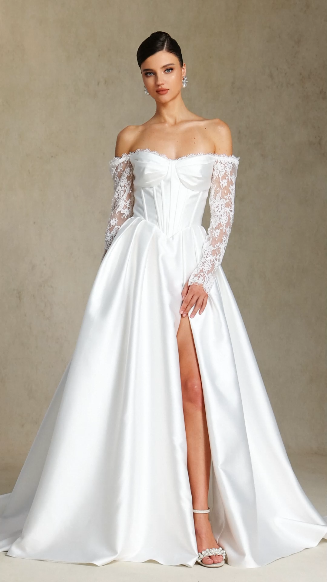 Makani Strapless lace sleeved fishbone maxi wedding dress