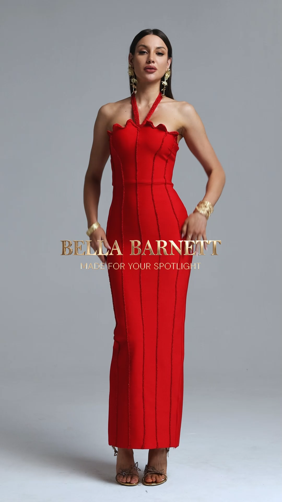 Kalene Glamorous Halter Scallop Edge Red Bead Bandage Maxi Dress
