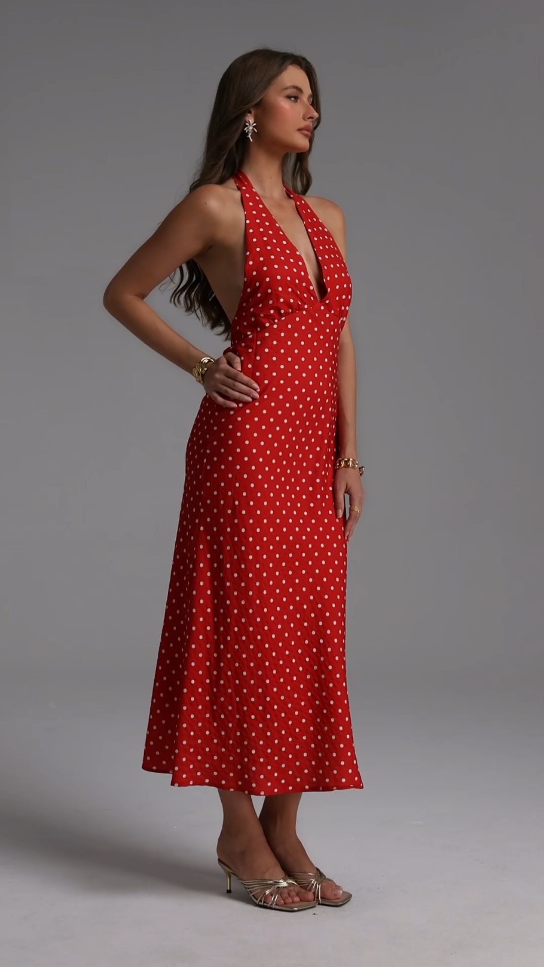 Ieesha Elegant Cinched V Neck Sleeveless Polka Dot Woven Maxi Dress