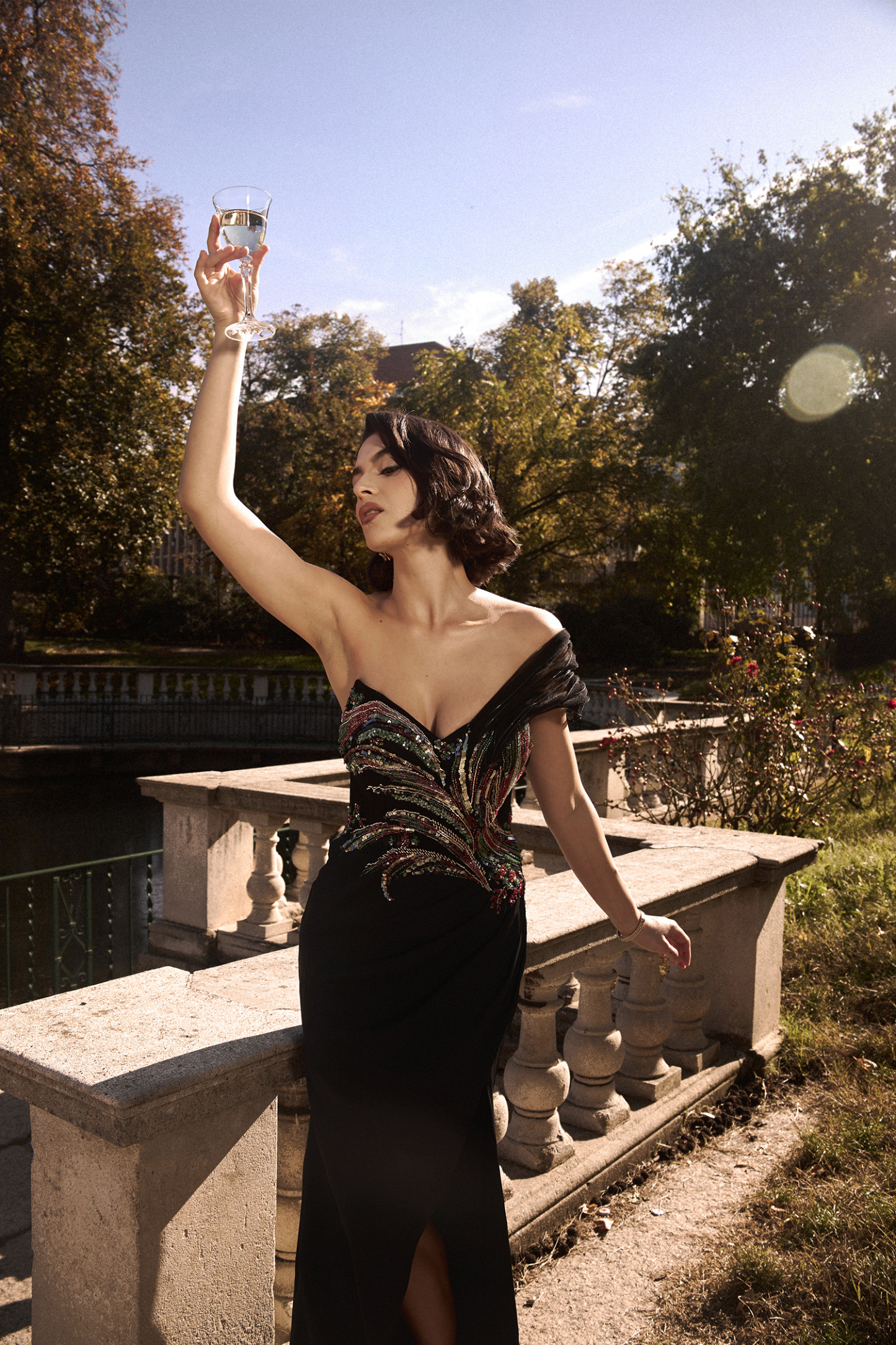 Stolen Strapless Sequin Embroidered Slit Bandage Maxi Dress