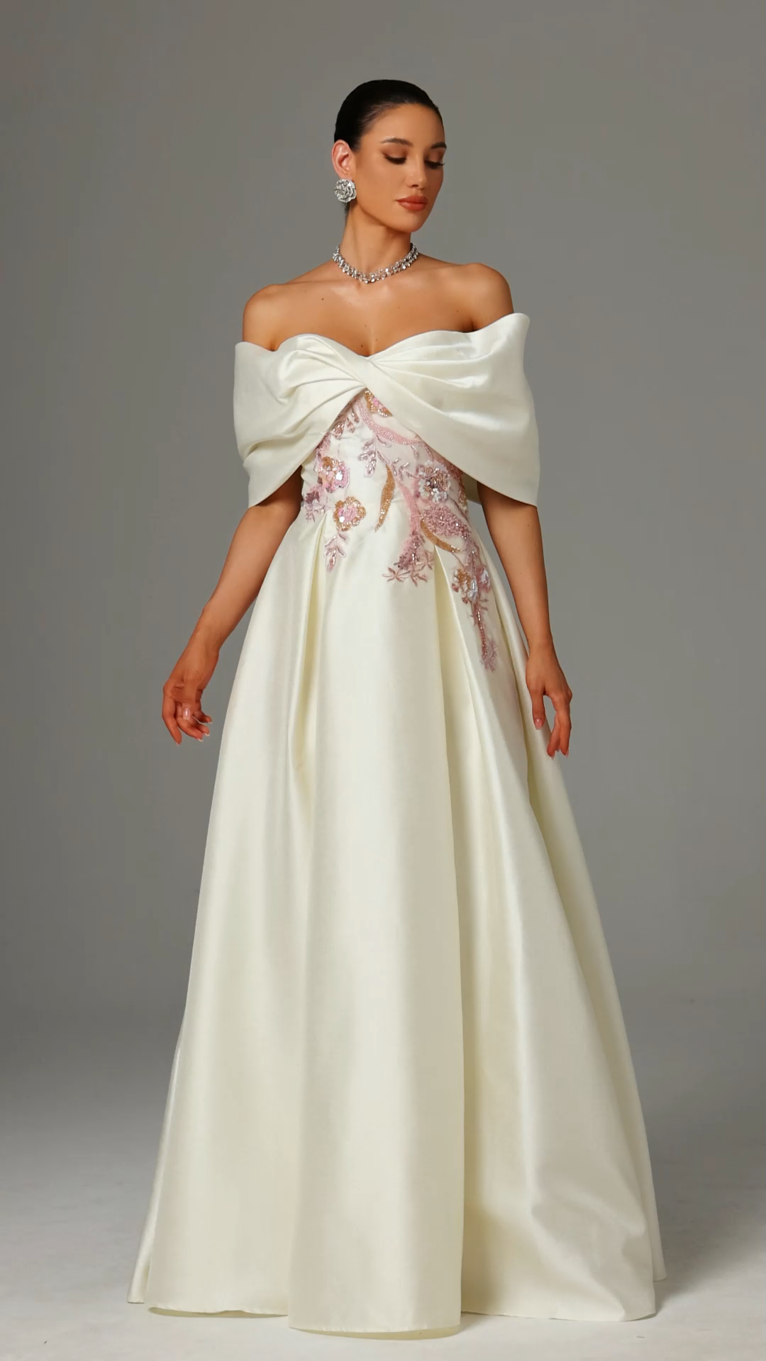 Facia Off-Shoulder Floral Embroidered High Slit Maxi Dress