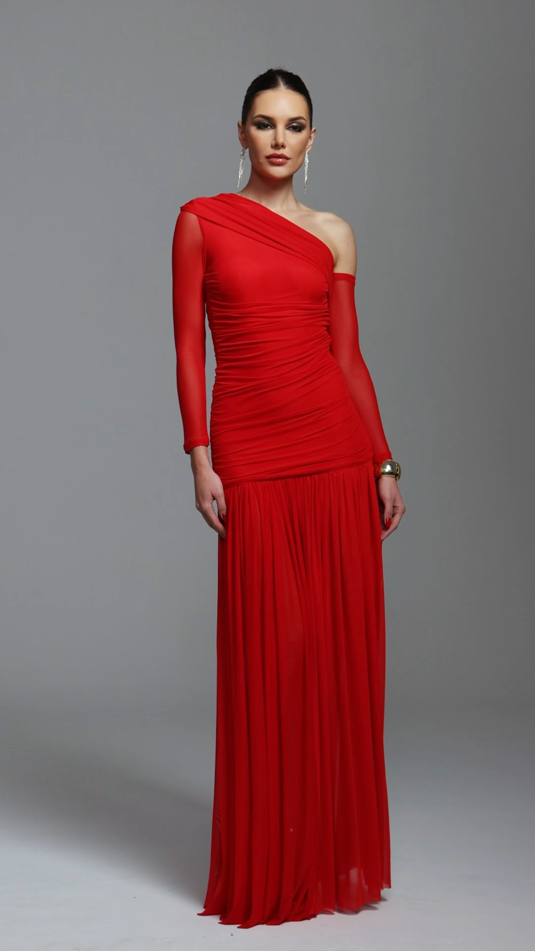 Zaniyah Elegant Contour One Shoulder Ruched High Slit Knit Maxi Dress