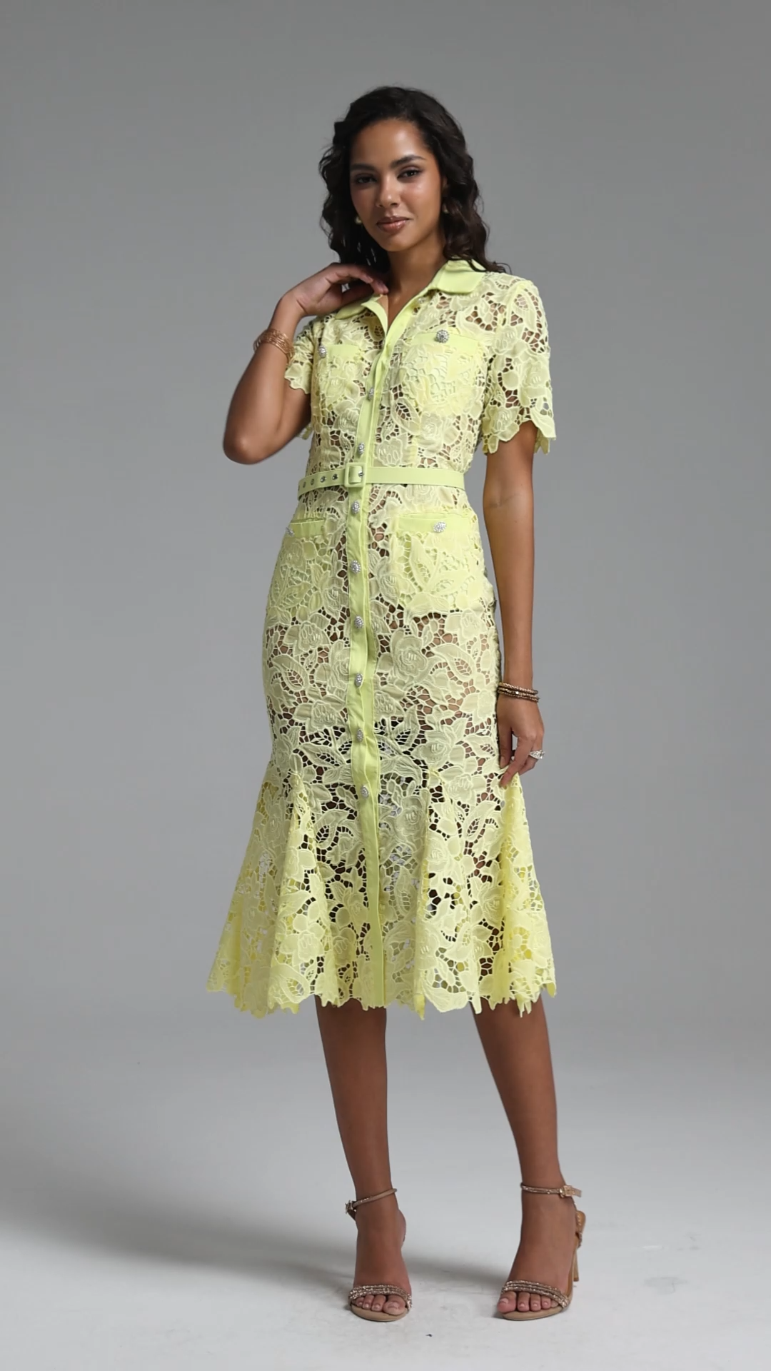 Thalassa Classic Tailored Short Sleeve Floral Lace Maxi Dress