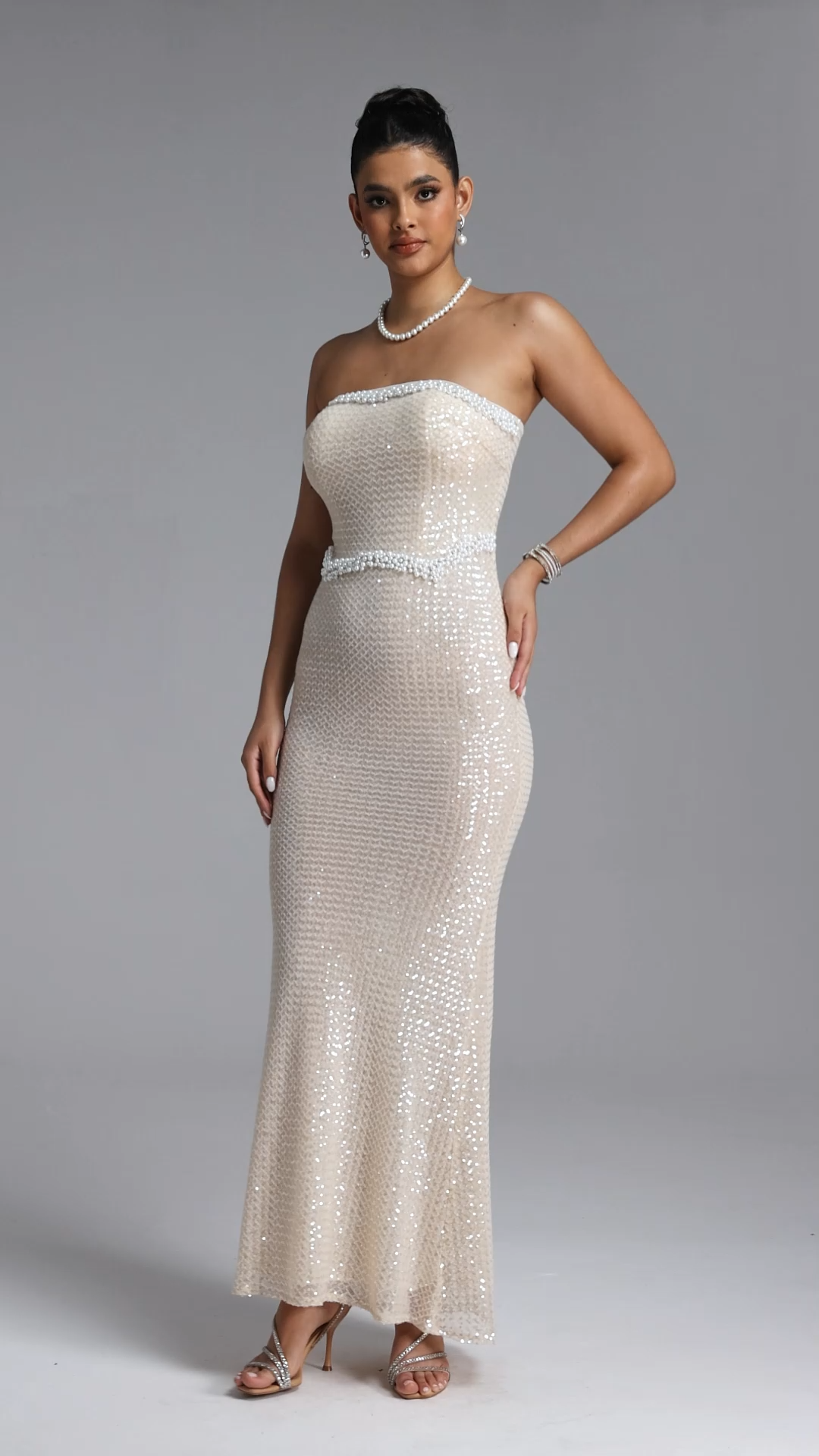 Kattin Elegant Contour Strapless Pearl Detail Sequin Maxi Dress