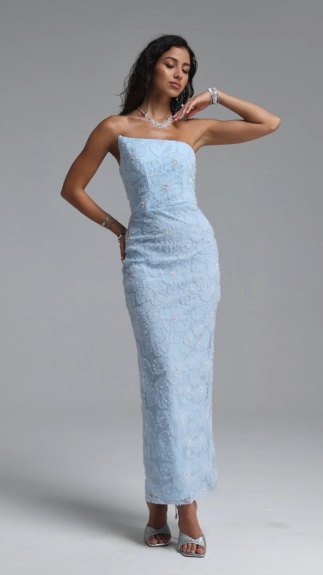 Sabryn Luxury Strapless Floral Pearl Bodycon Maxi Dress