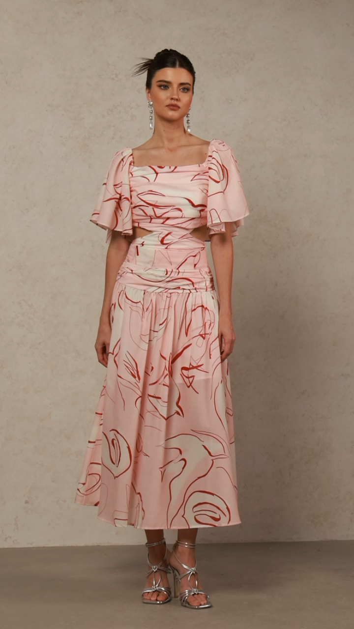 Jillian Puff Short Sleeves Printed Folds Maxi Dress